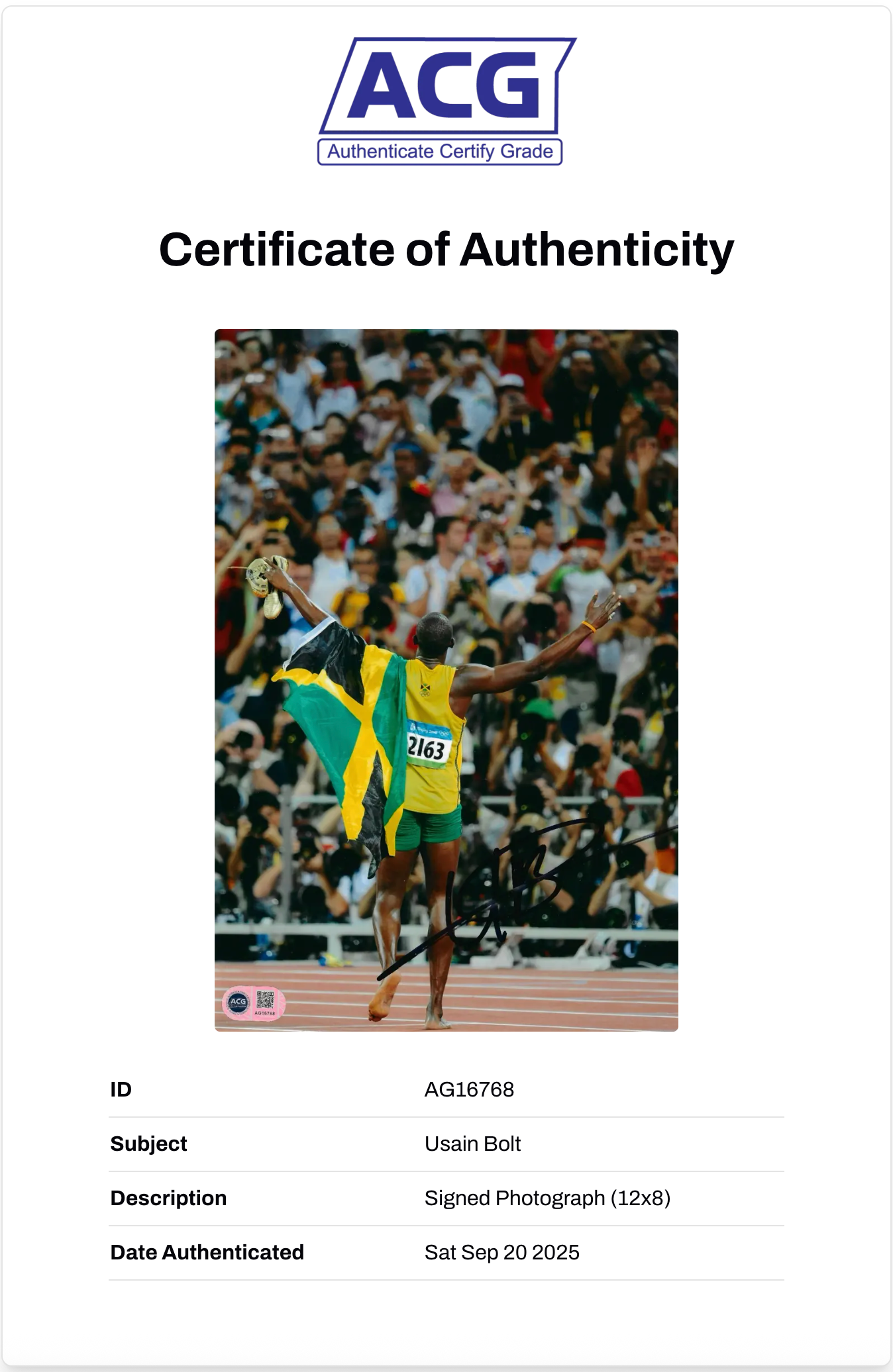 USAIN BOLT SIGNED 12x8 OLYMPICS LEGEND JAMAICA PHOTO (ACG CERT AG16768)