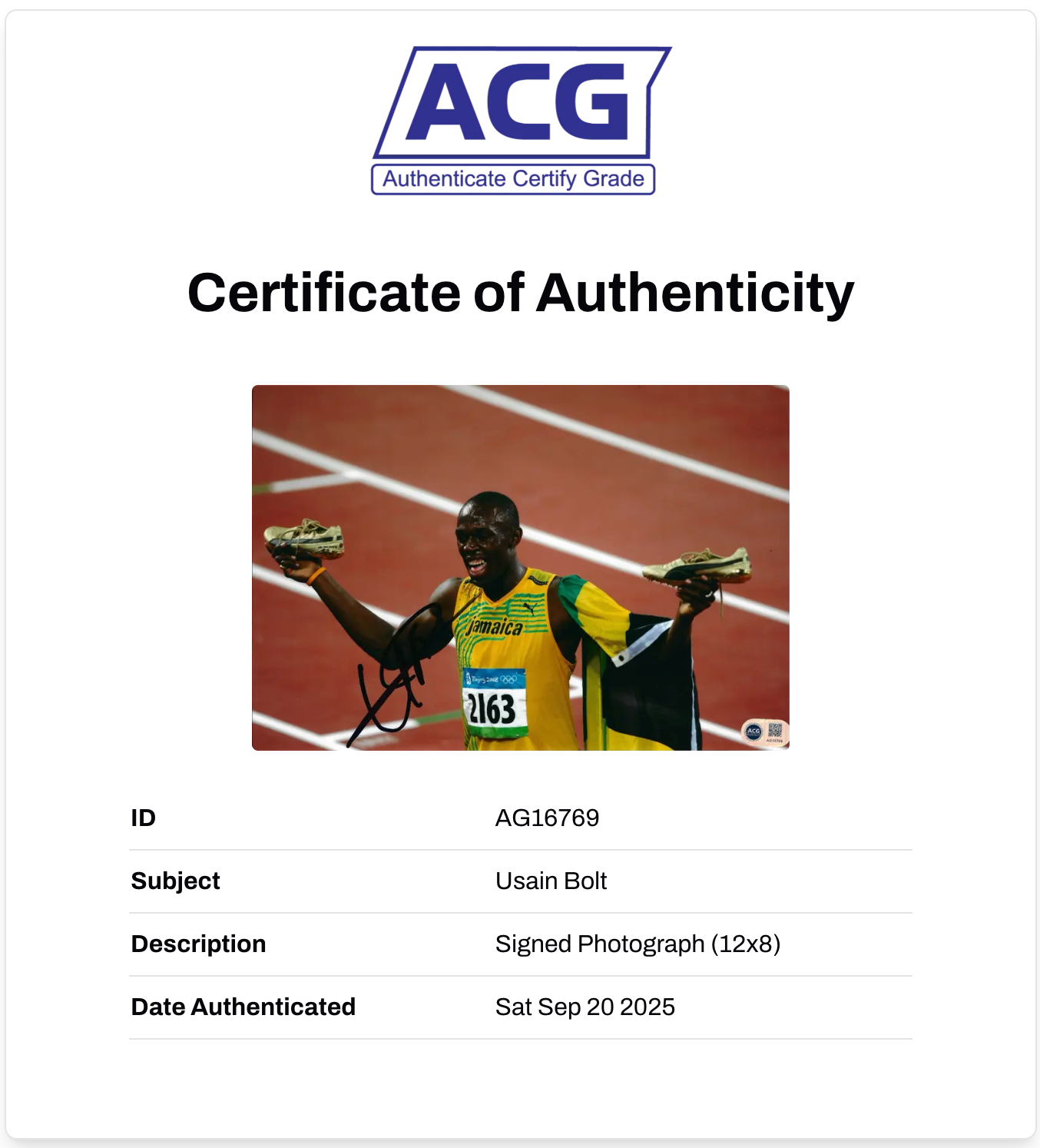 USAIN BOLT SIGNED 12x8 OLYMPICS LEGEND JAMAICA PHOTO (ACG CERT AG16768)