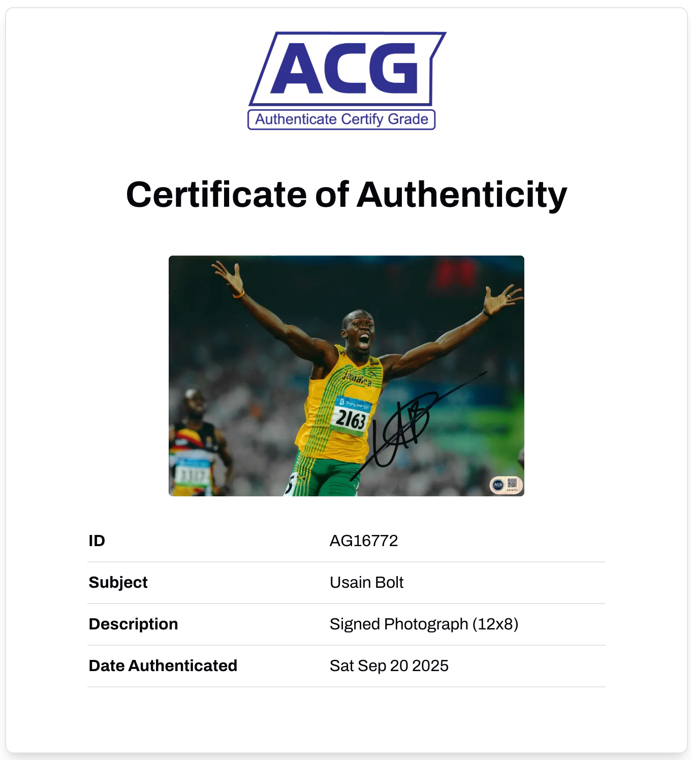 USAIN BOLT SIGNED 12x8 OLYMPICS LEGEND JAMAICA PHOTO (ACG CERT AG16772)