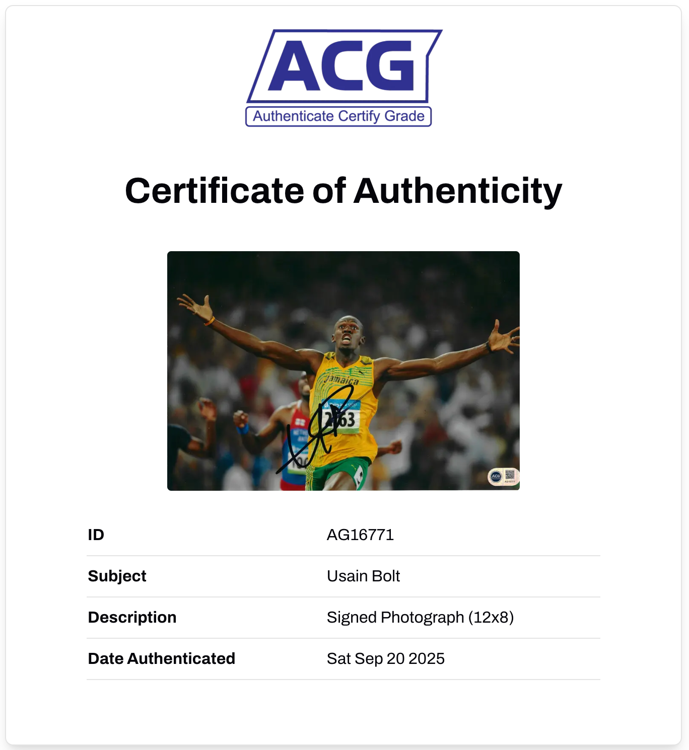 USAIN BOLT SIGNED 12x8 OLYMPICS LEGEND JAMAICA PHOTO (ACG CERT AG16771)