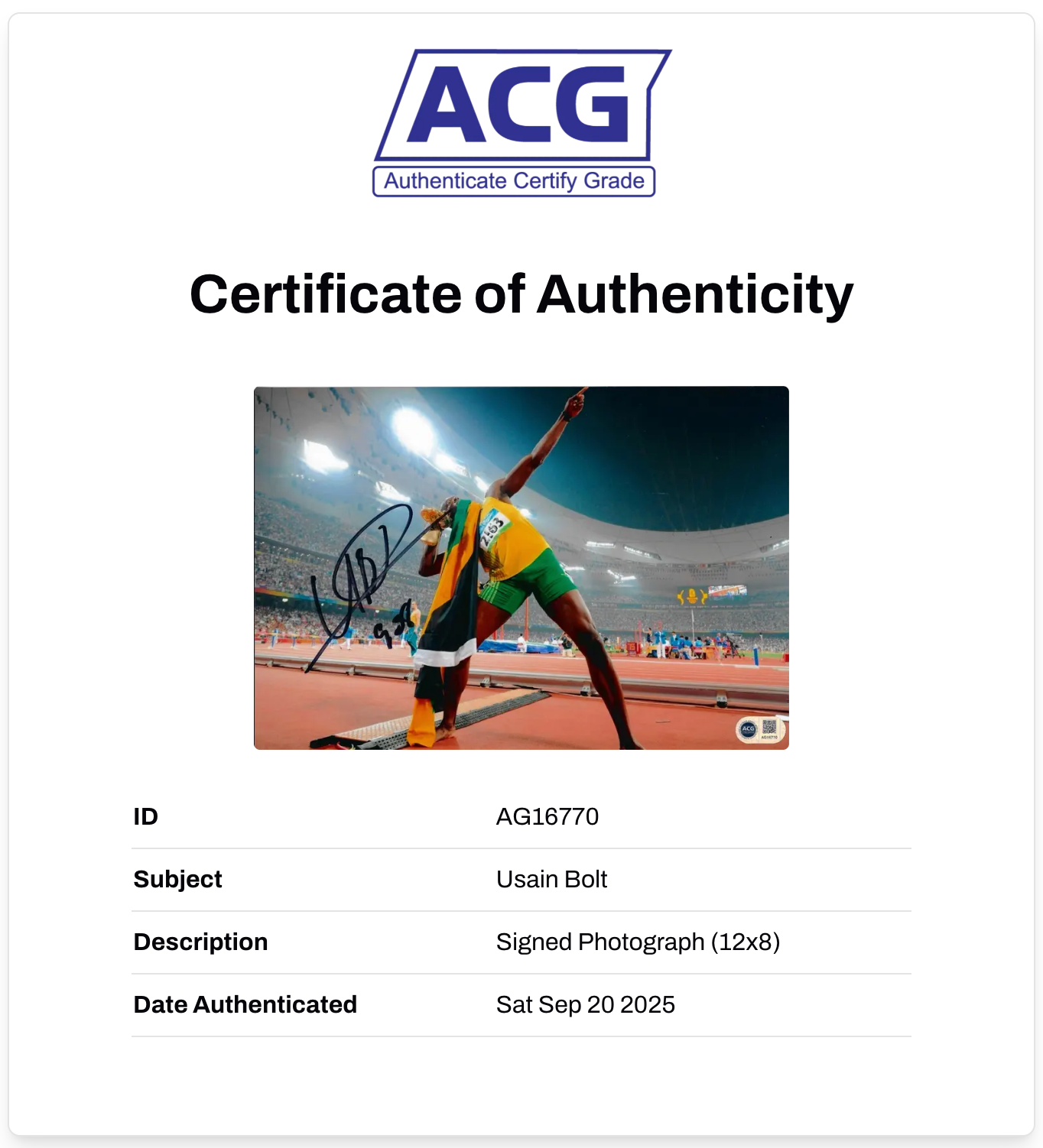 USAIN BOLT SIGNED 12x8 9.58 OLYMPICS LEGEND JAMAICA PHOTO (ACG CERT AG16770)