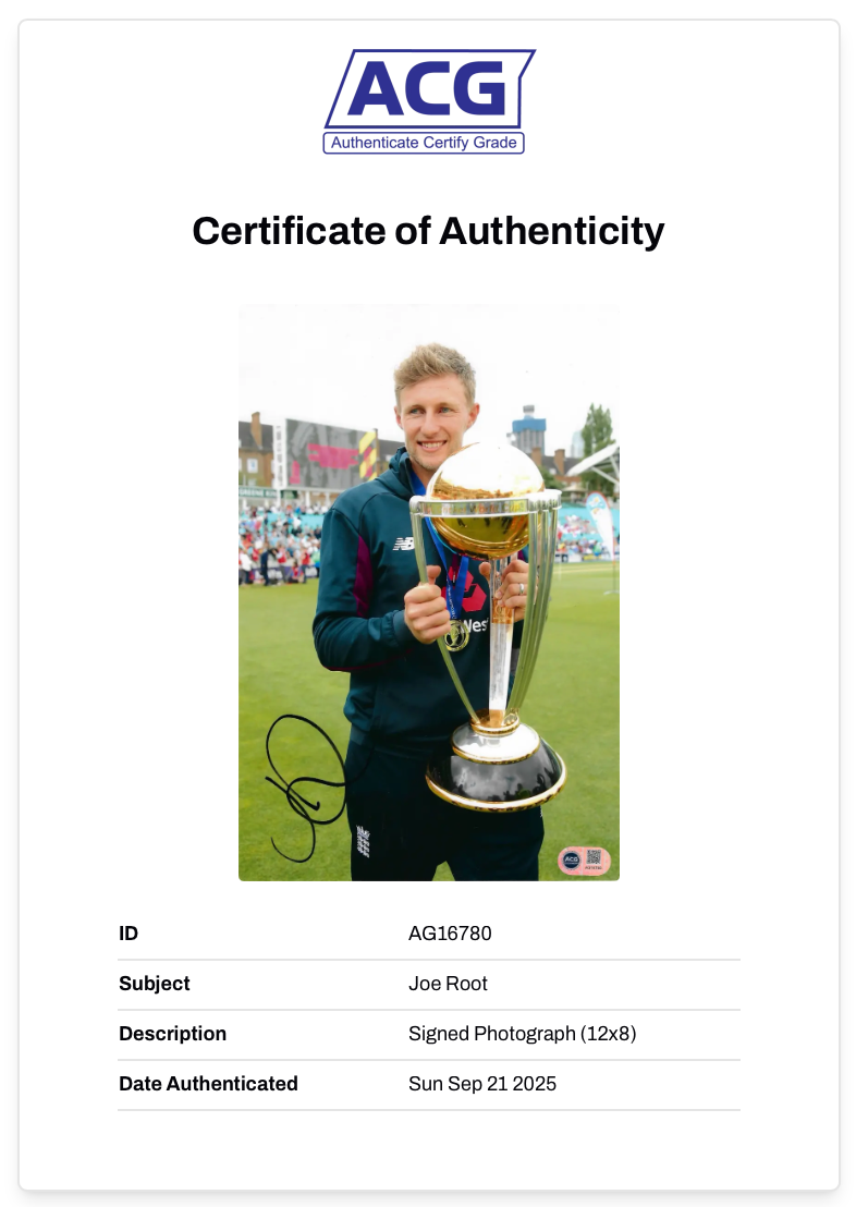 JOE ROOT SIGNED 12x8 ENGLAND WORLD CUP 2019 PHOTO (ACG CERT AG16780)