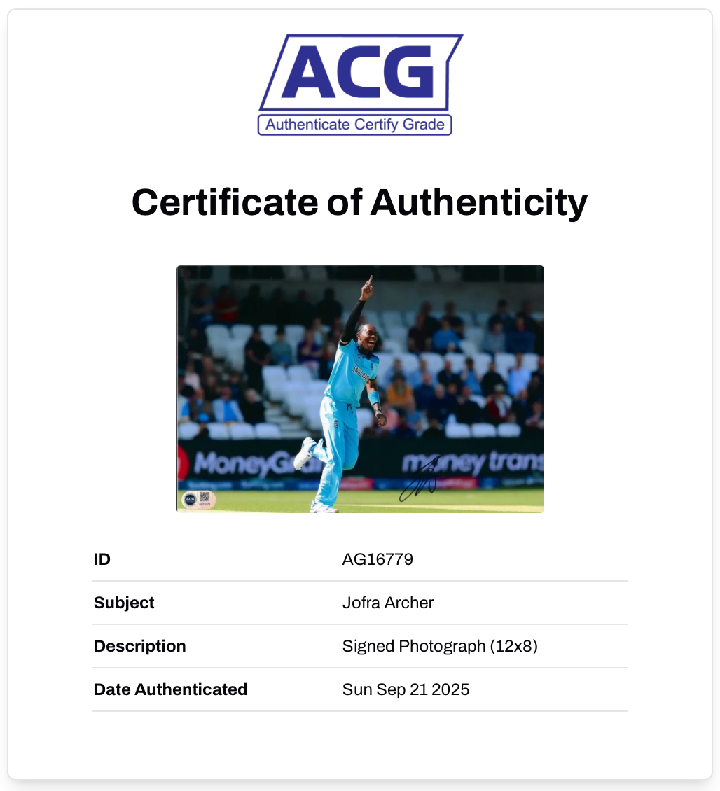 JOFRA ARCHER ENGLAND CRICKET 12x8 WORLD CUP 2019 PHOTO (ACG CERT AG16779)