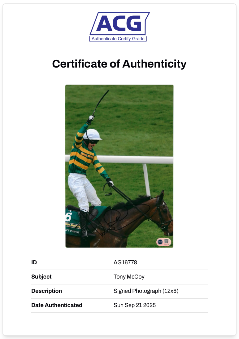 TONY AP MCCOY SIGNED GRAND NATIONAL WINNER 12X8 PHOTO (ACG CERT AG16778)