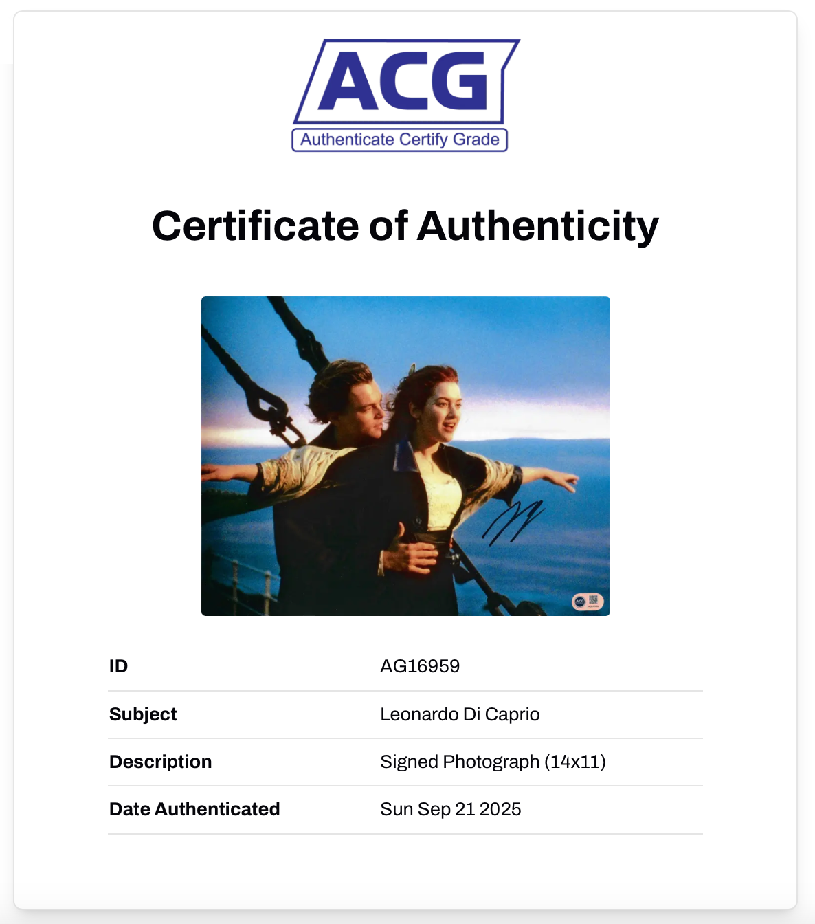 LEONARDO DI CAPRIO SIGNED TITANIC 14x11 PHOTO (ACG CERT AG16959)