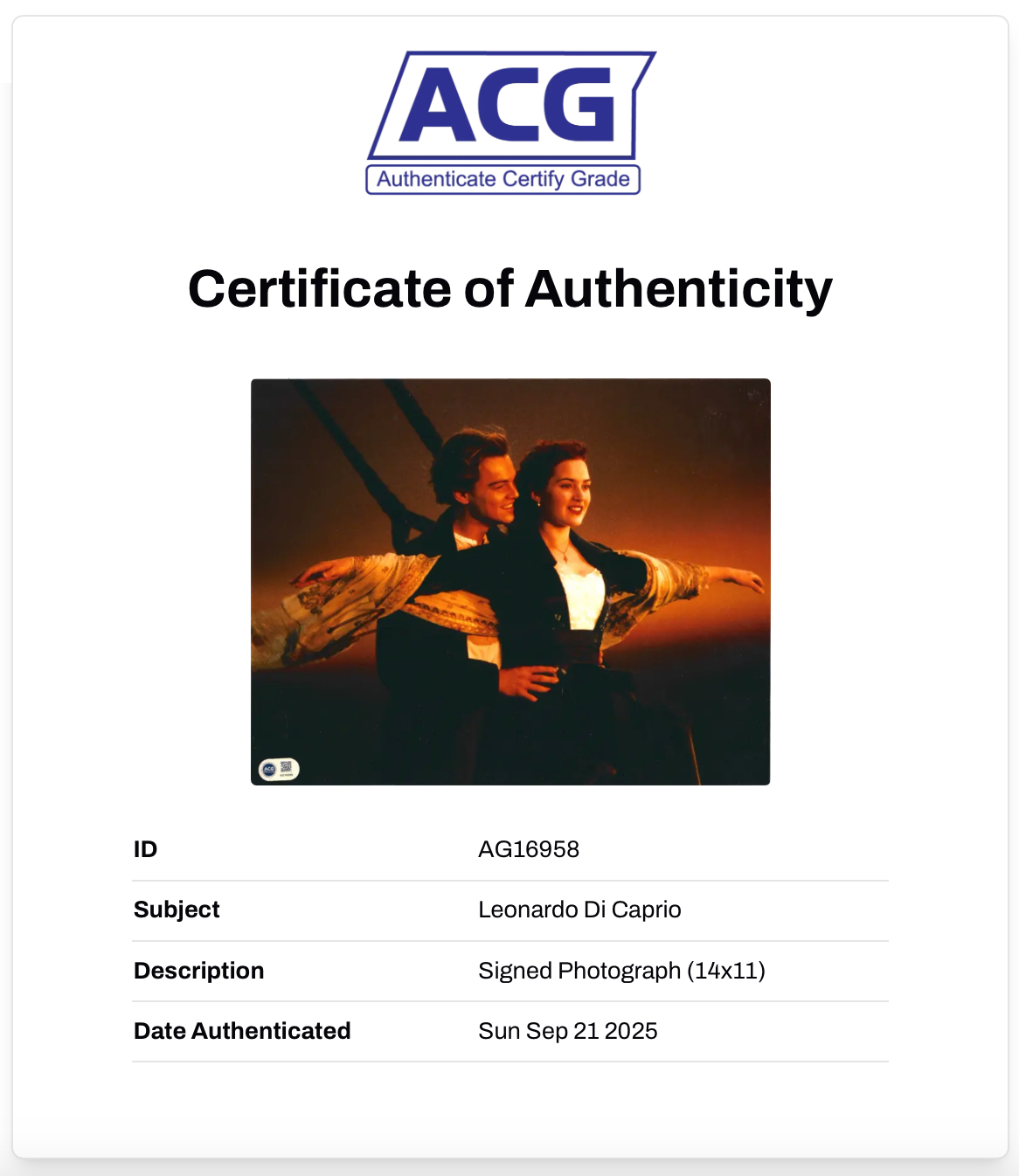 LEONARDO DI CAPRIO SIGNED TITANIC 14x11 PHOTO (ACG CERT AG16958)