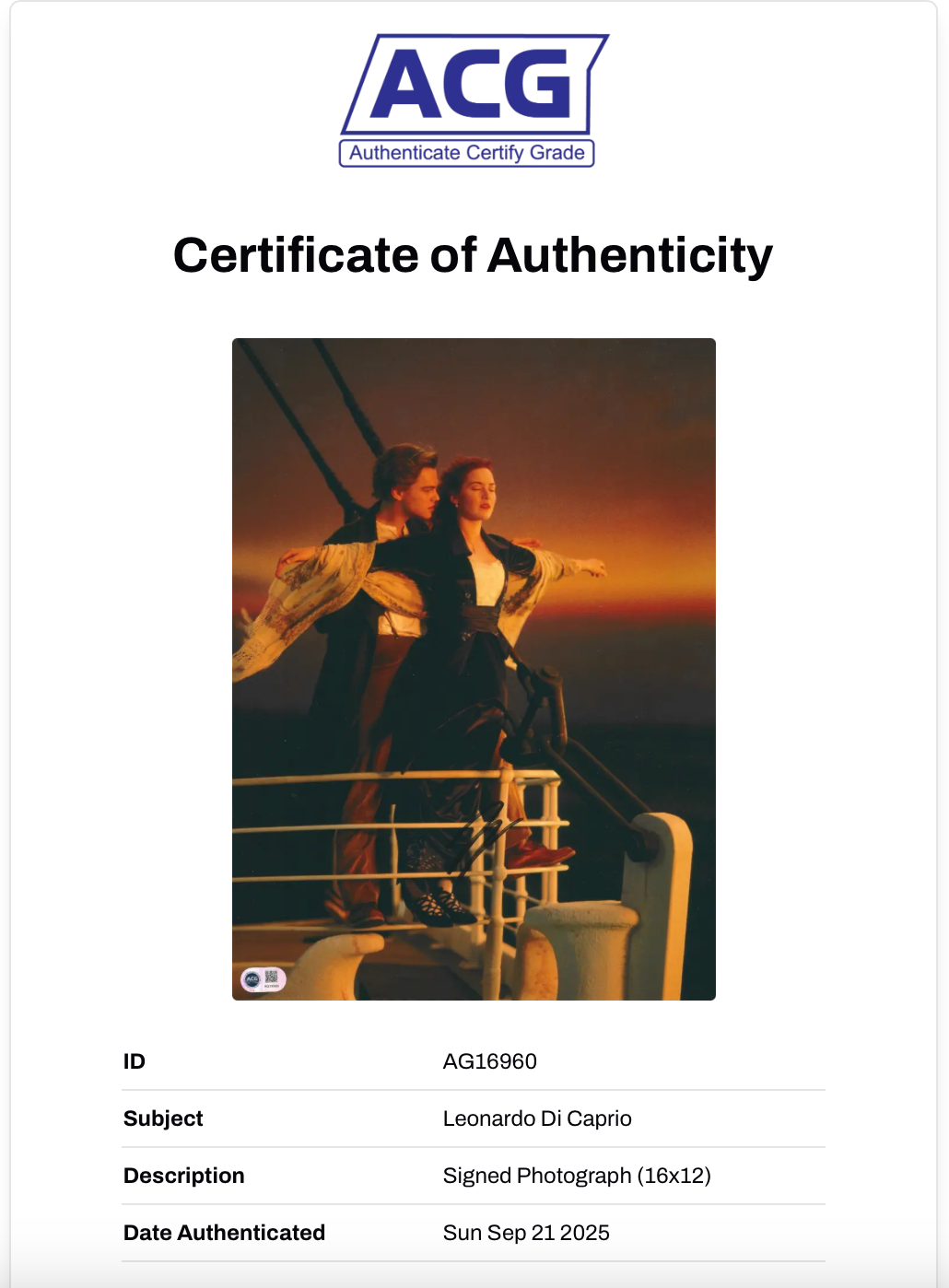 LEONARDO DI CAPRIO SIGNED TITANIC 16x12 PHOTO (ACG CERT AG16960)
