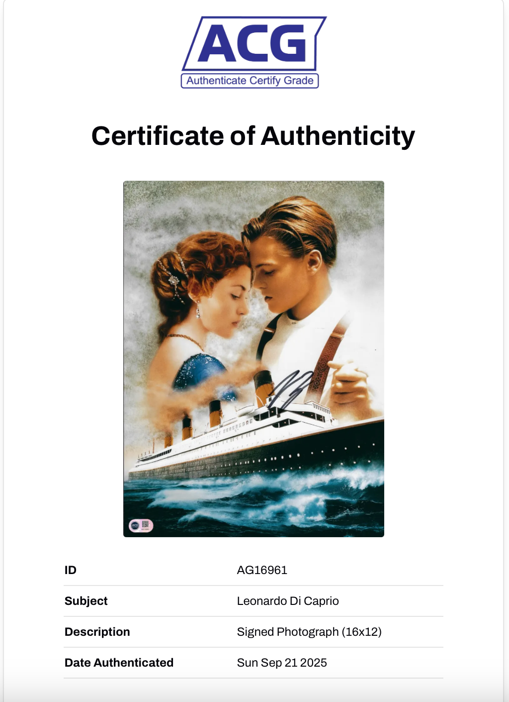 LEONARDO DI CAPRIO SIGNED TITANIC 16x12 PHOTO (ACG CERT AG16961)