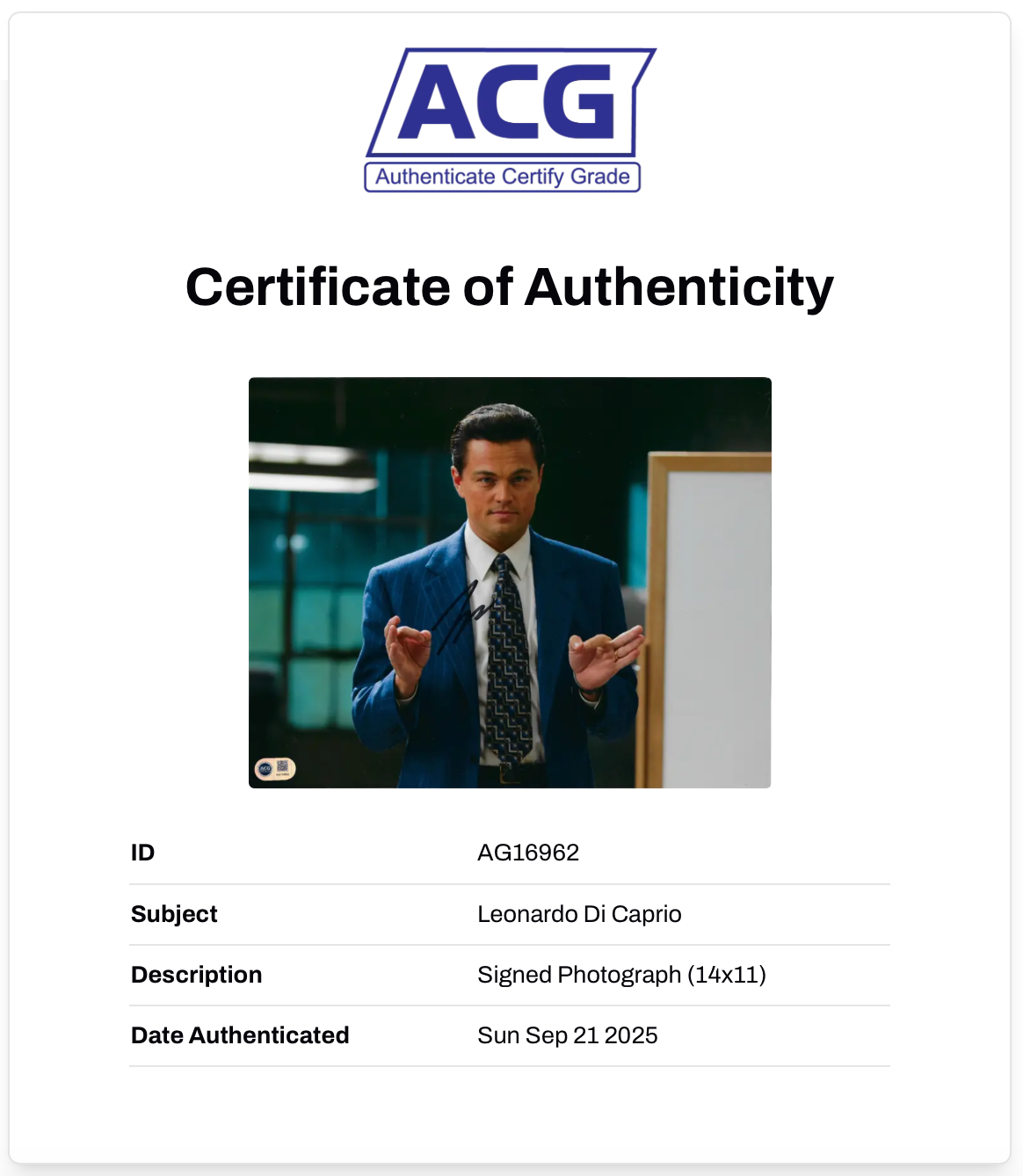 LEONARDO DI CAPRIO SIGNED WOLF OF WALL STREET 14x11 PHOTO (ACG CERT AG16962)