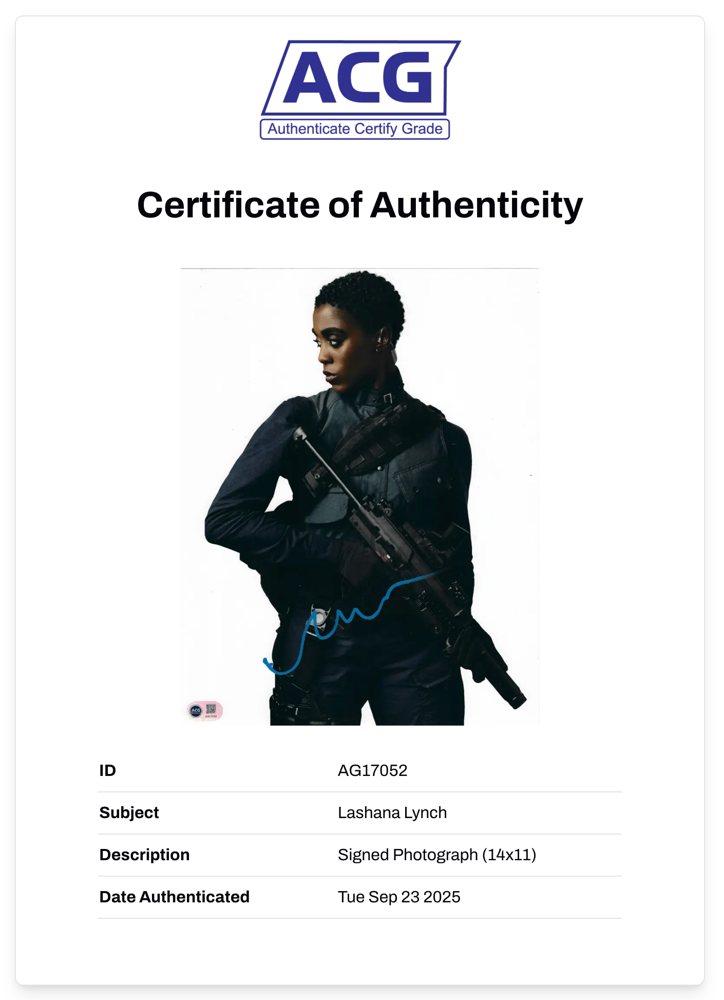 LASHANA LYNCH SIGNED JAMES BOND NO TIME TO DIE 14x11 PHOTO (ACG CERT AG17052)