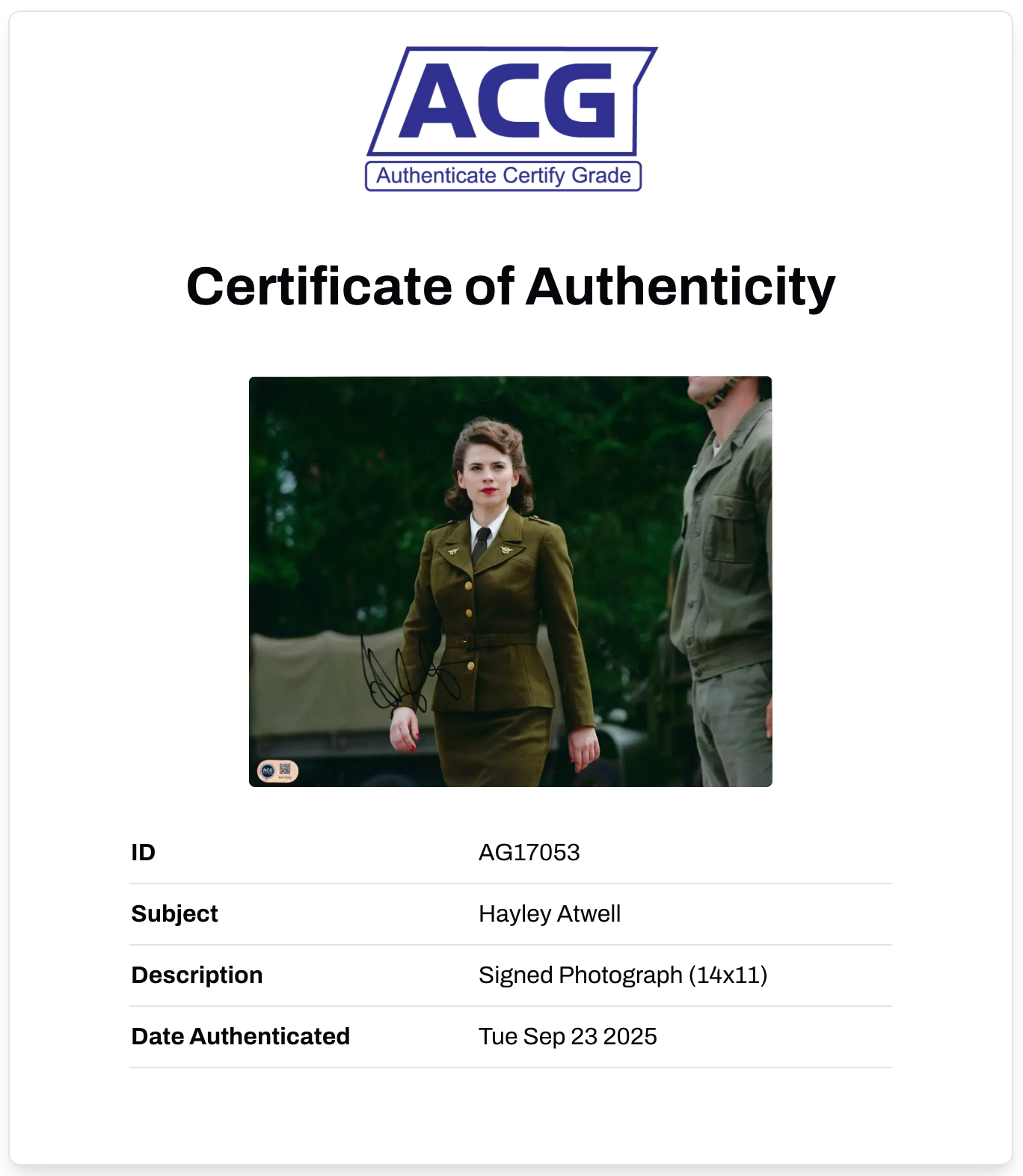 HAYLEY ATWELL CAPTAIN AMERICA SIGNED 14x11 PHOTO (ACG CERT AG17053)
