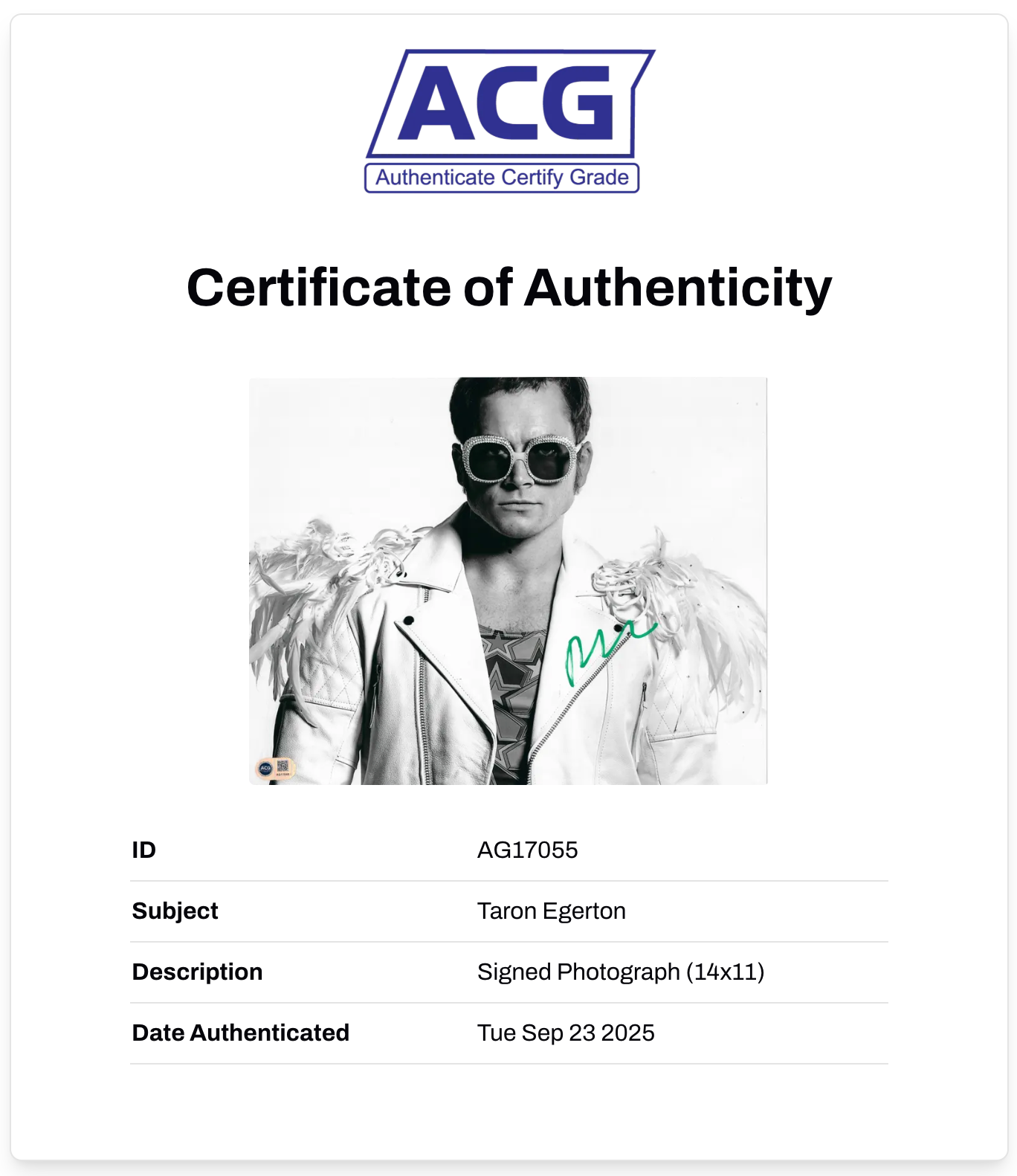 TARON EGERTON SIGNED ROCKETMAN ELTON JOHN 14x11 PHOTO (ACG CERT AG17054)