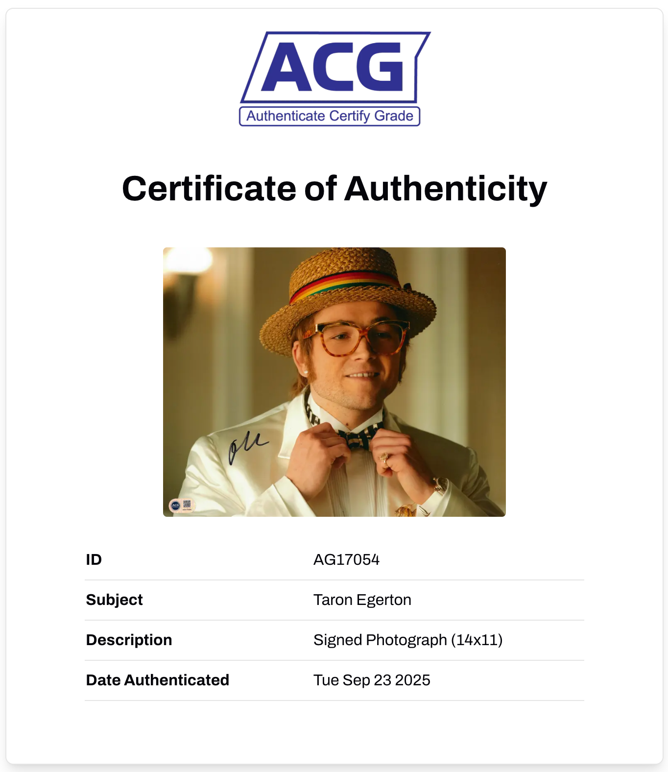 TARON EGERTON SIGNED ROCKETMAN ELTON JOHN 14x11 PHOTO (ACG CERT AG17054)