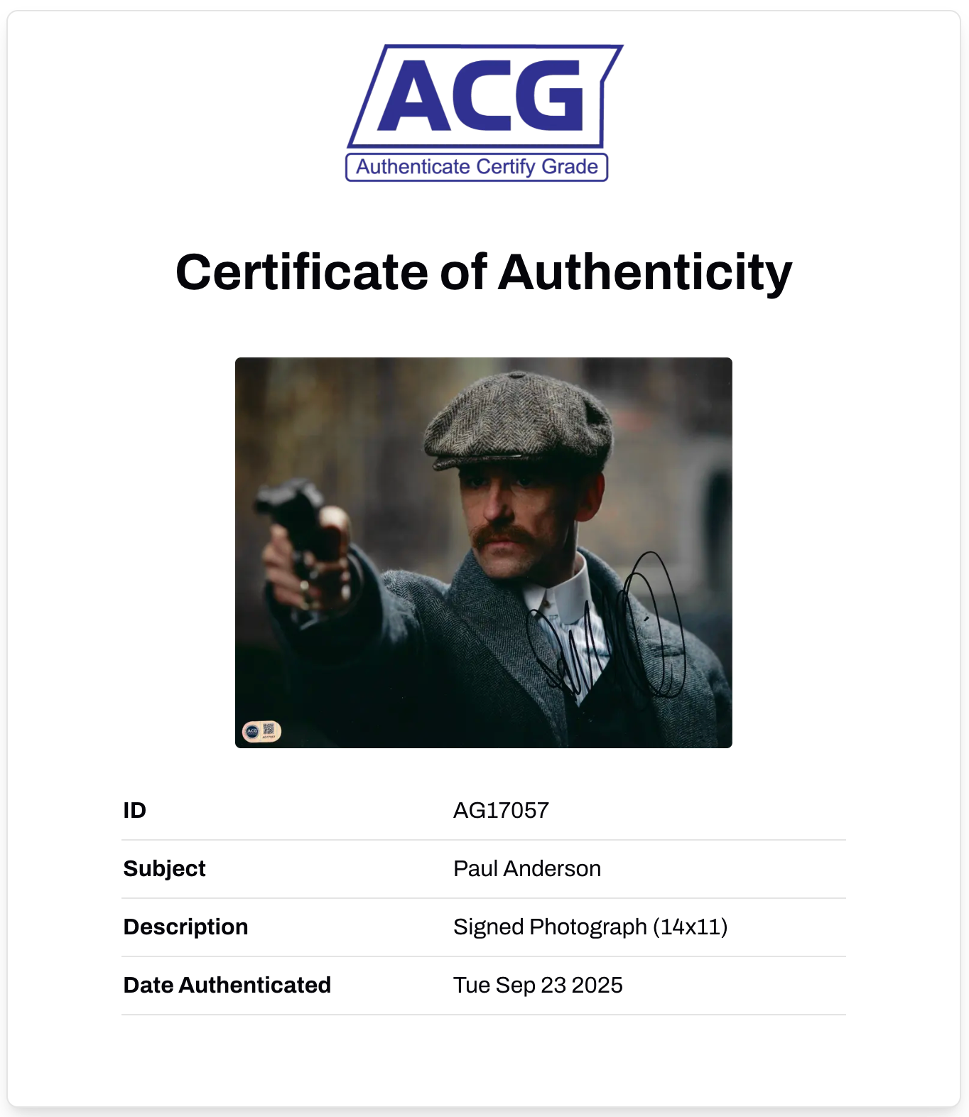 PAUL ANDERSON ARTHUR SHELBY SIGNED 14x11 PEAKY BLINDERS PHOTO (ACG CERT AG17058)