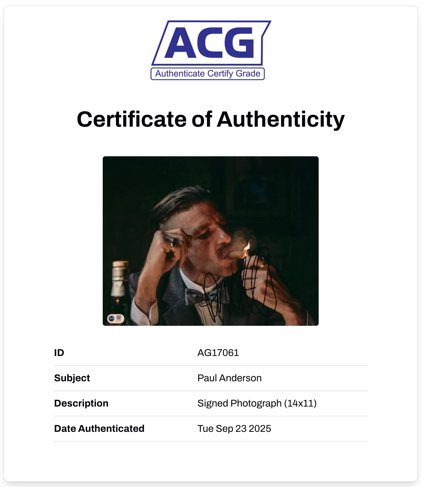 PAUL ANDERSON ARTHUR SHELBY SIGNED 14x11 PEAKY BLINDERS PHOTO (ACG CERT AG17061)