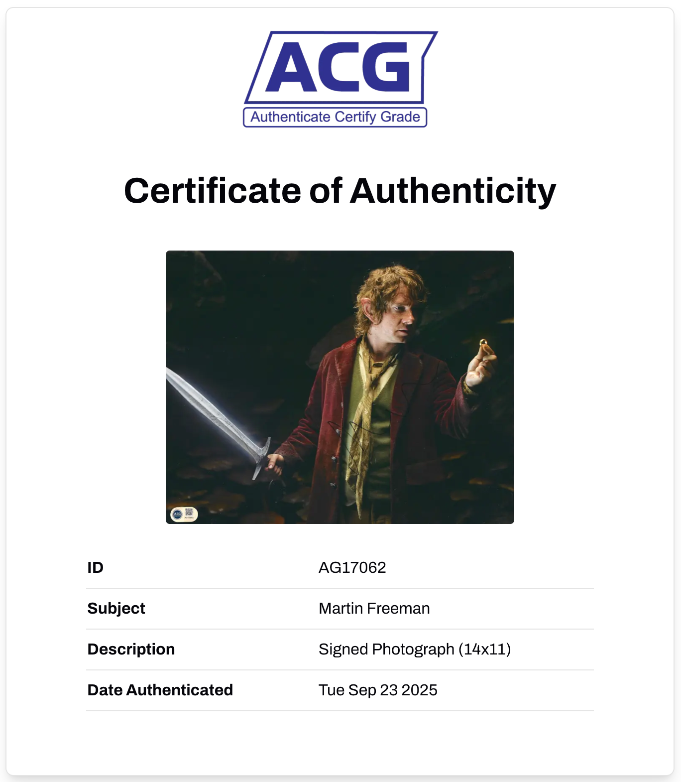 MARTIN FREEMAN SIGNED THE HOBBIT 14x11 PHOTO (ACG CERT AG17062)