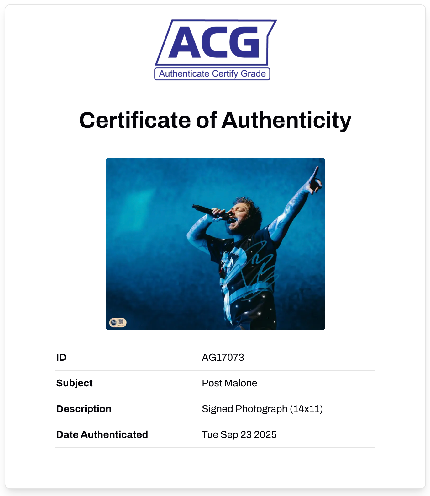 POST MALONE SIGNED 14x11 PHOTO HOLLYWOOD’S BLEEDING (ACG CERT AG17073)