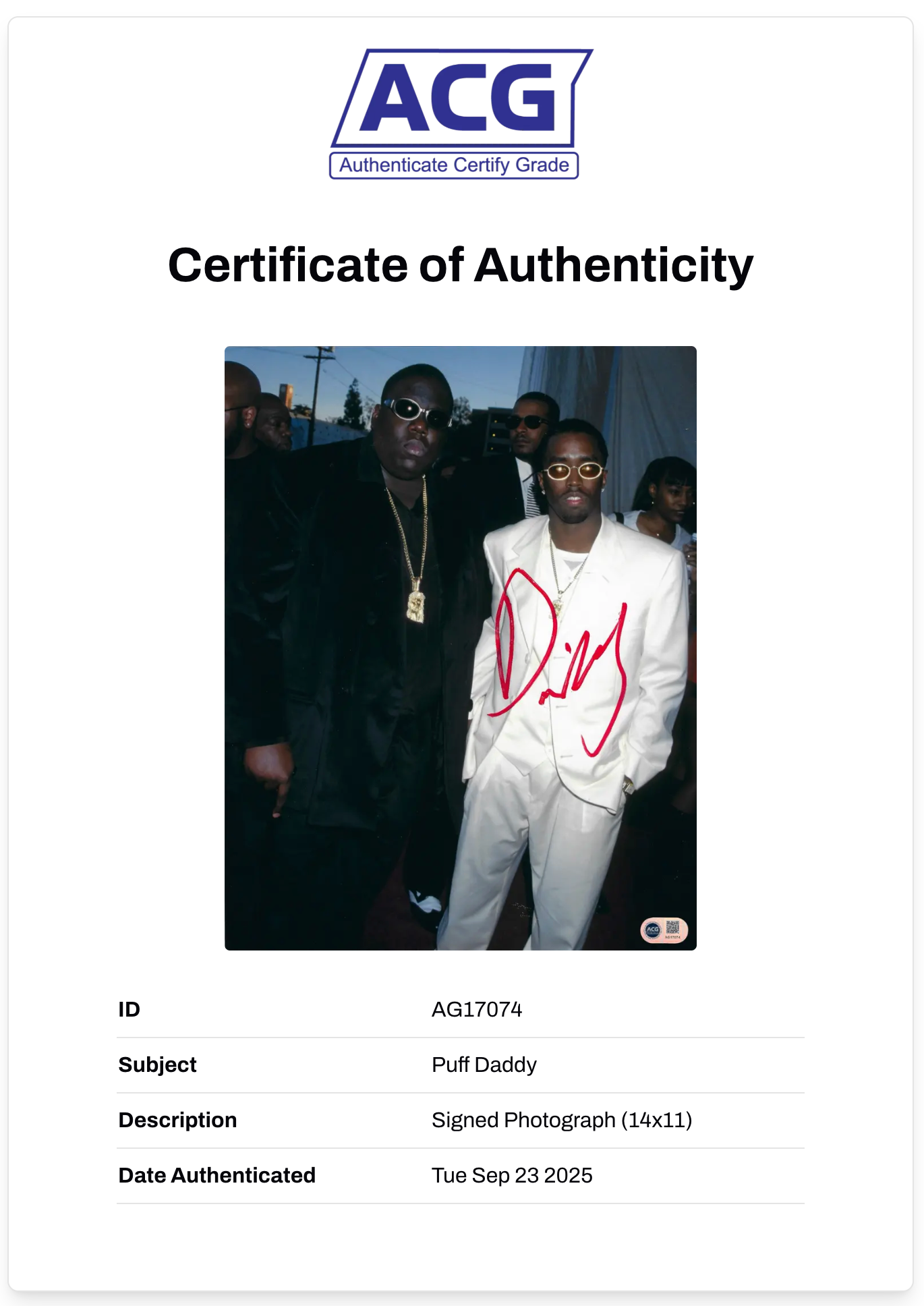 PUFF DADDY DIDDY SIGNED 14x11 PHOTO BAD BOY NOTORIOUS BIG (ACG CERT AG17074)