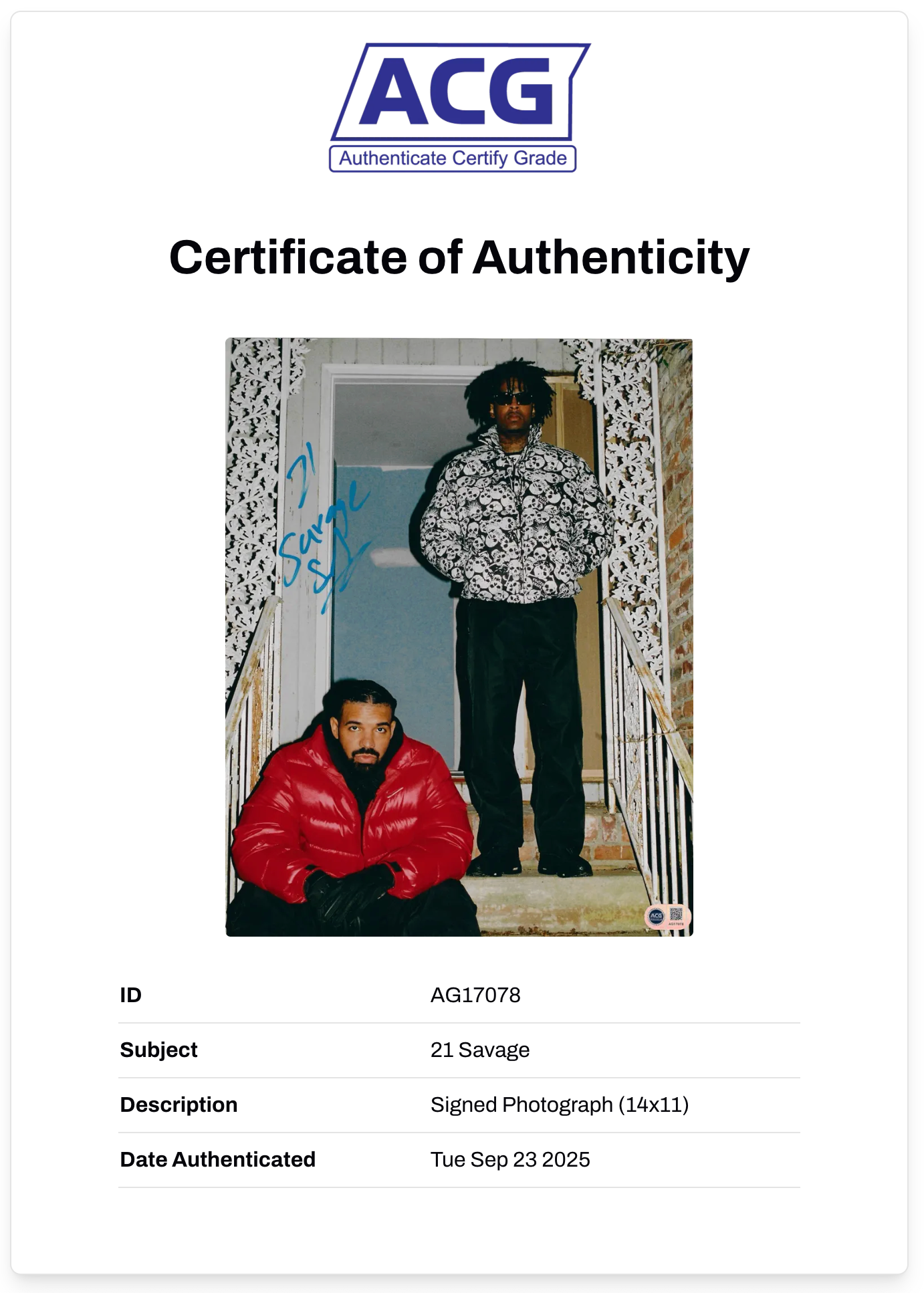 21 SAVAGE SIGNED 14x11 PHOTO RAPPER AMERICAN DREAM (ACG CERT AG17078)