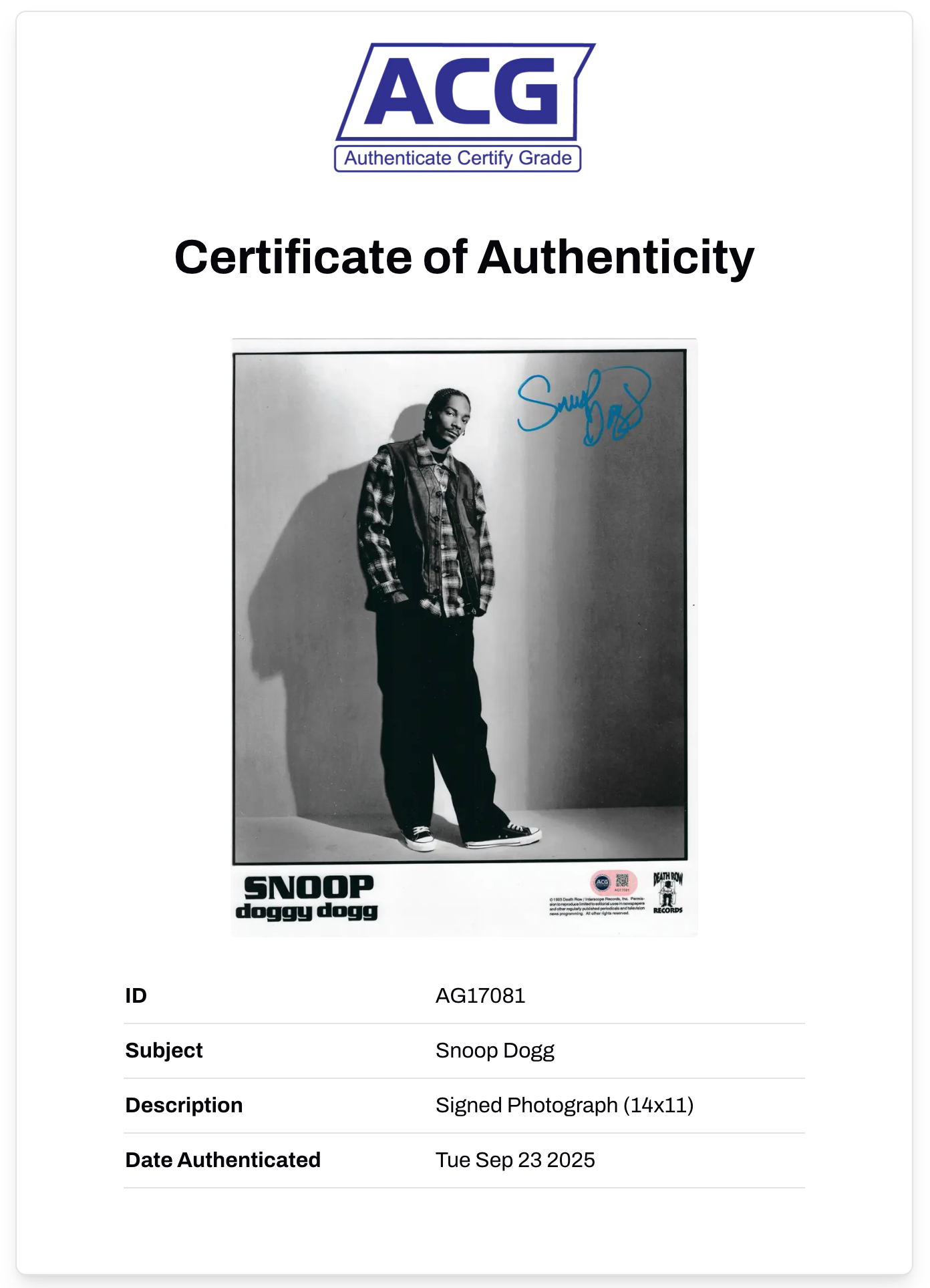 SNOOP DOGGY DOGG SIGNED 14X11 DEATH ROW PROMO PHOTO (ACG CERT AG17081)