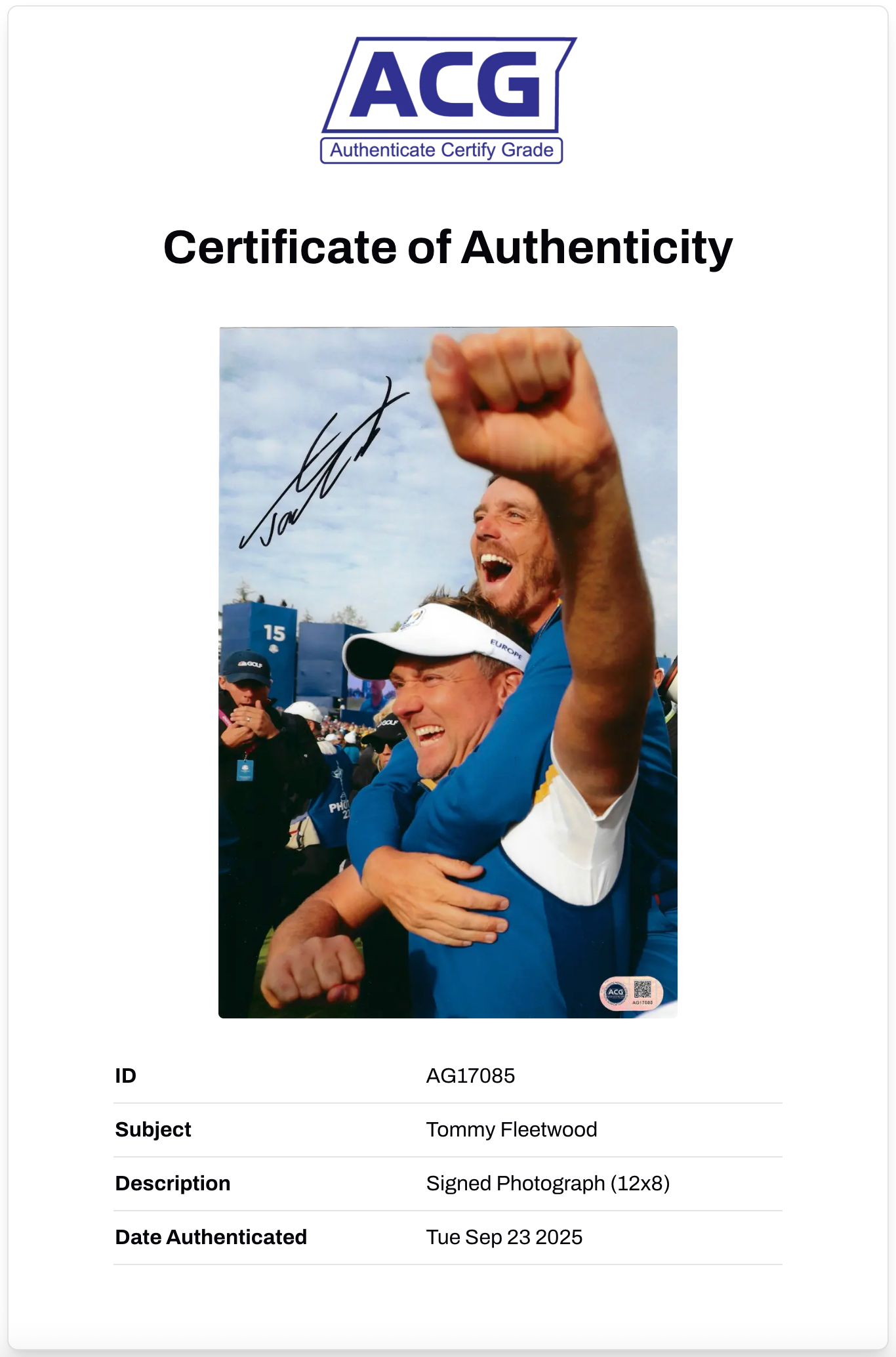 TOMMY FLEETWOOD SIGNED 12X8 RYDER CUP WIN GOLF PHOTO (ACG CERT AG17085)