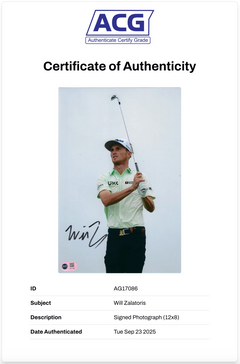 WILL ZALATORIS SIGNED 12X8 PGA TOUR GOLF PHOTO (ACG CERT AG17086)-2