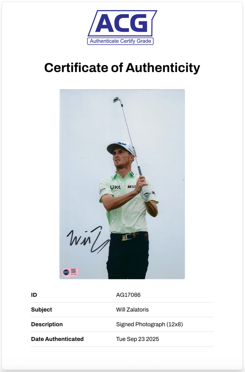 WILL ZALATORIS SIGNED 12X8 PGA TOUR GOLF PHOTO (ACG CERT AG17086)-2