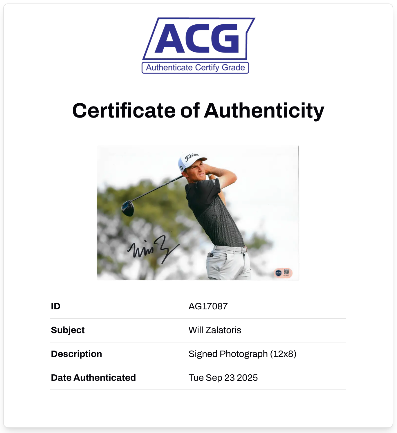 WILL ZALATORIS SIGNED 12X8 PGA TOUR GOLF PHOTO (ACG CERT AG17087)