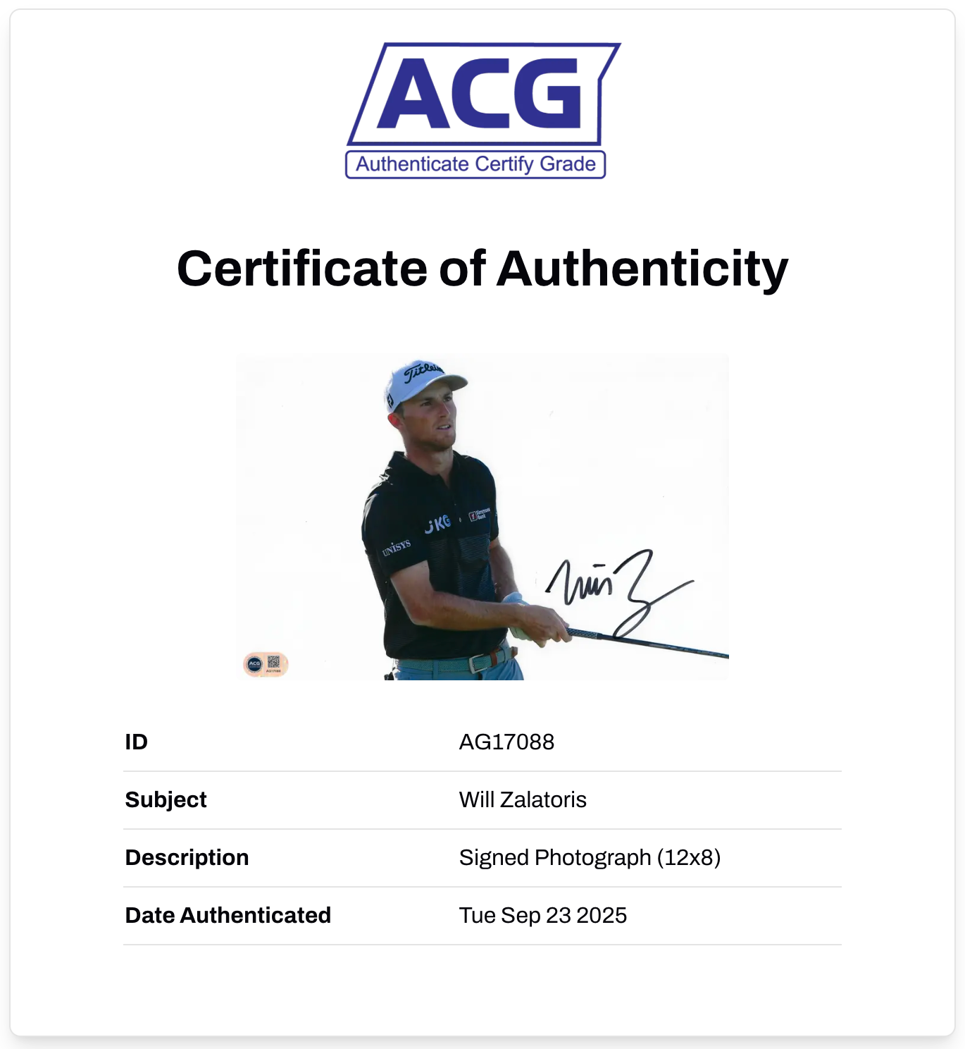 WILL ZALATORIS SIGNED 12X8 PGA TOUR GOLF PHOTOGRAPH (ACG CERT AG17088)