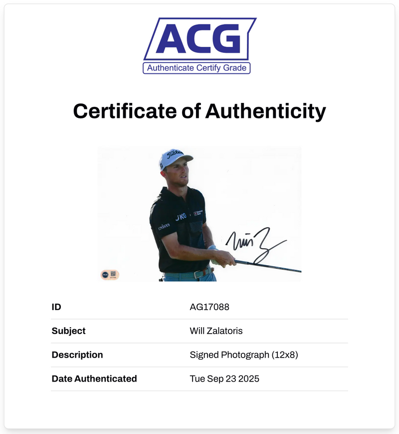 WILL ZALATORIS SIGNED 12X8 PGA TOUR GOLF PHOTOGRAPH (ACG CERT AG17088)-2
