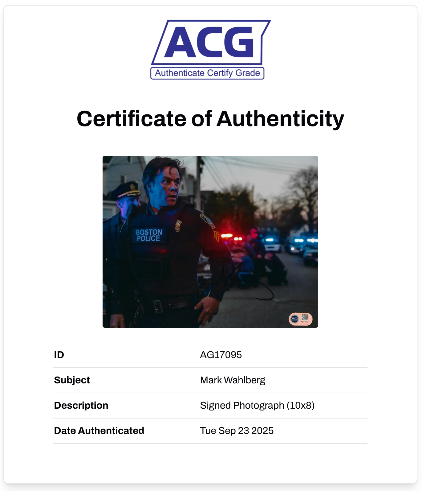 MARK WAHLBERG SIGNED PATRIOTS DAY 10X8 PHOTO (ACG CERT AG17095)