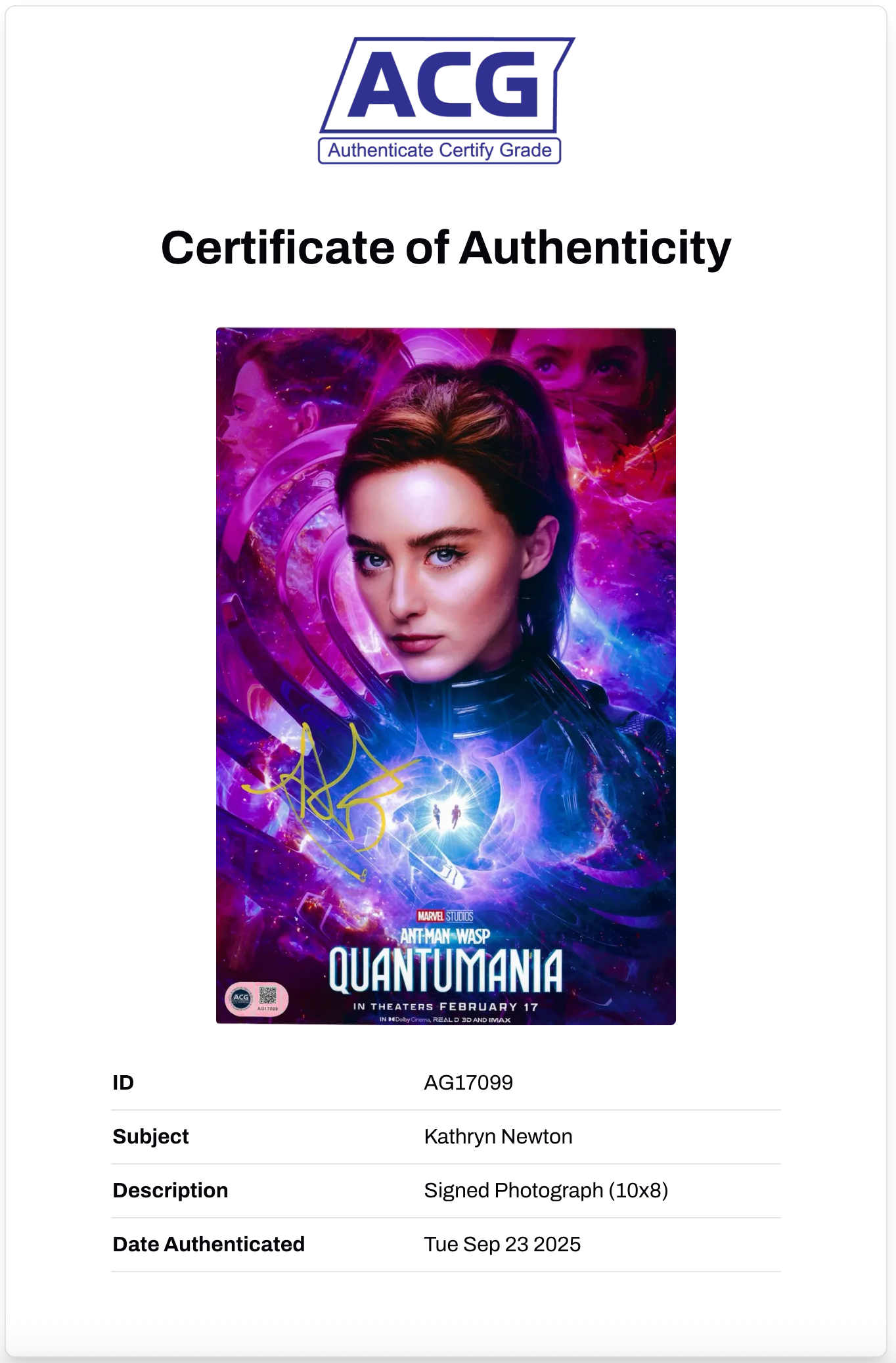 KATHRYN NEWTON SIGNED ANT MAN QUANTUMANIA SIGNED 12x8 PHOTO (ACG CERT AG170)