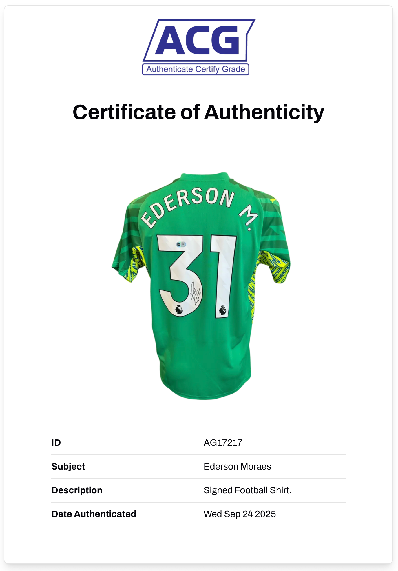 EDERSON MORAES SIGNED 2024/25 MANCHESTER CITY GK SHIRT (ACG CERT AG17217)