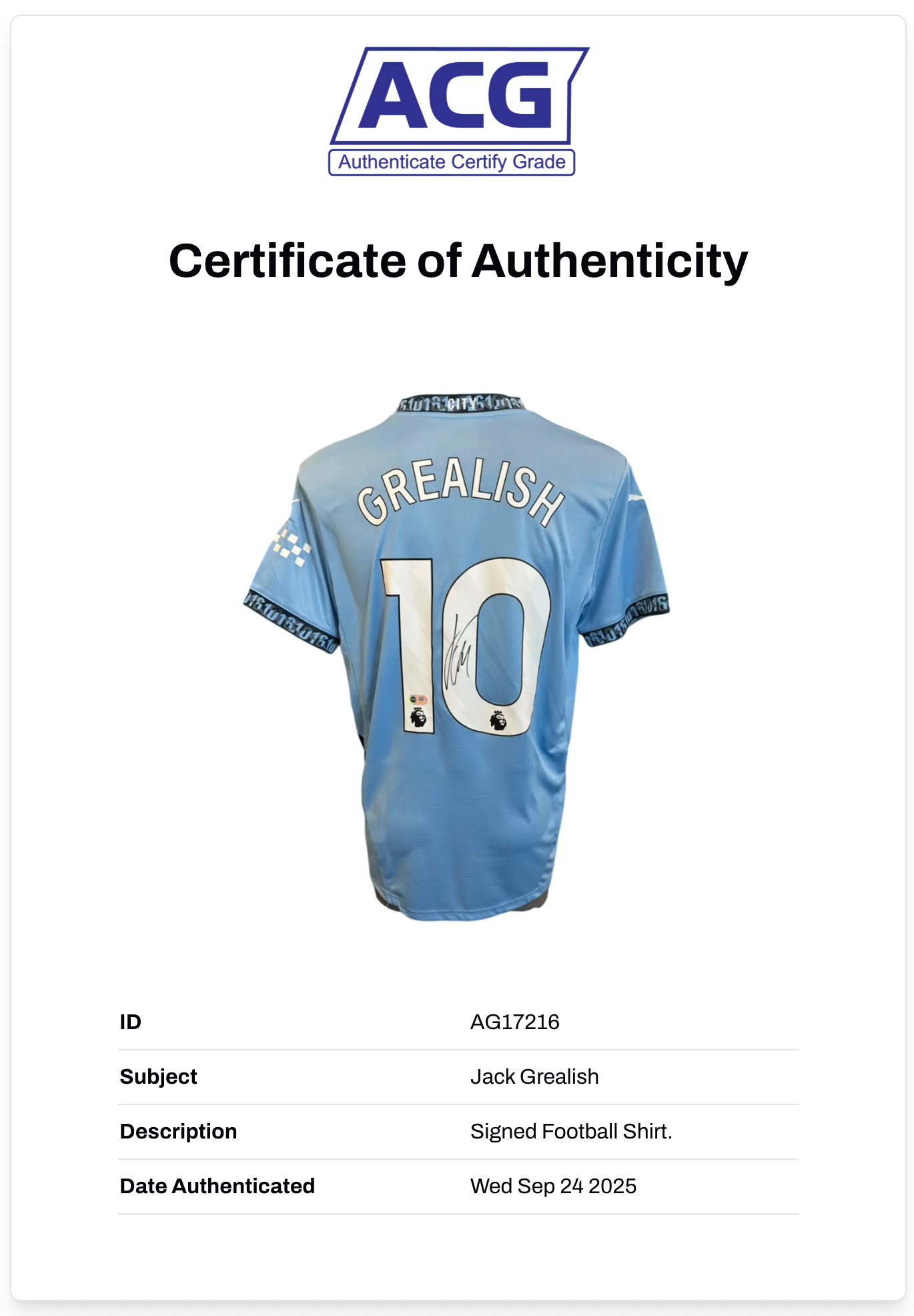 JACK GREALISH SIGNED 2024/25 MANCHESTER CITY HOME SHIRT (ACG CERT AG17216)