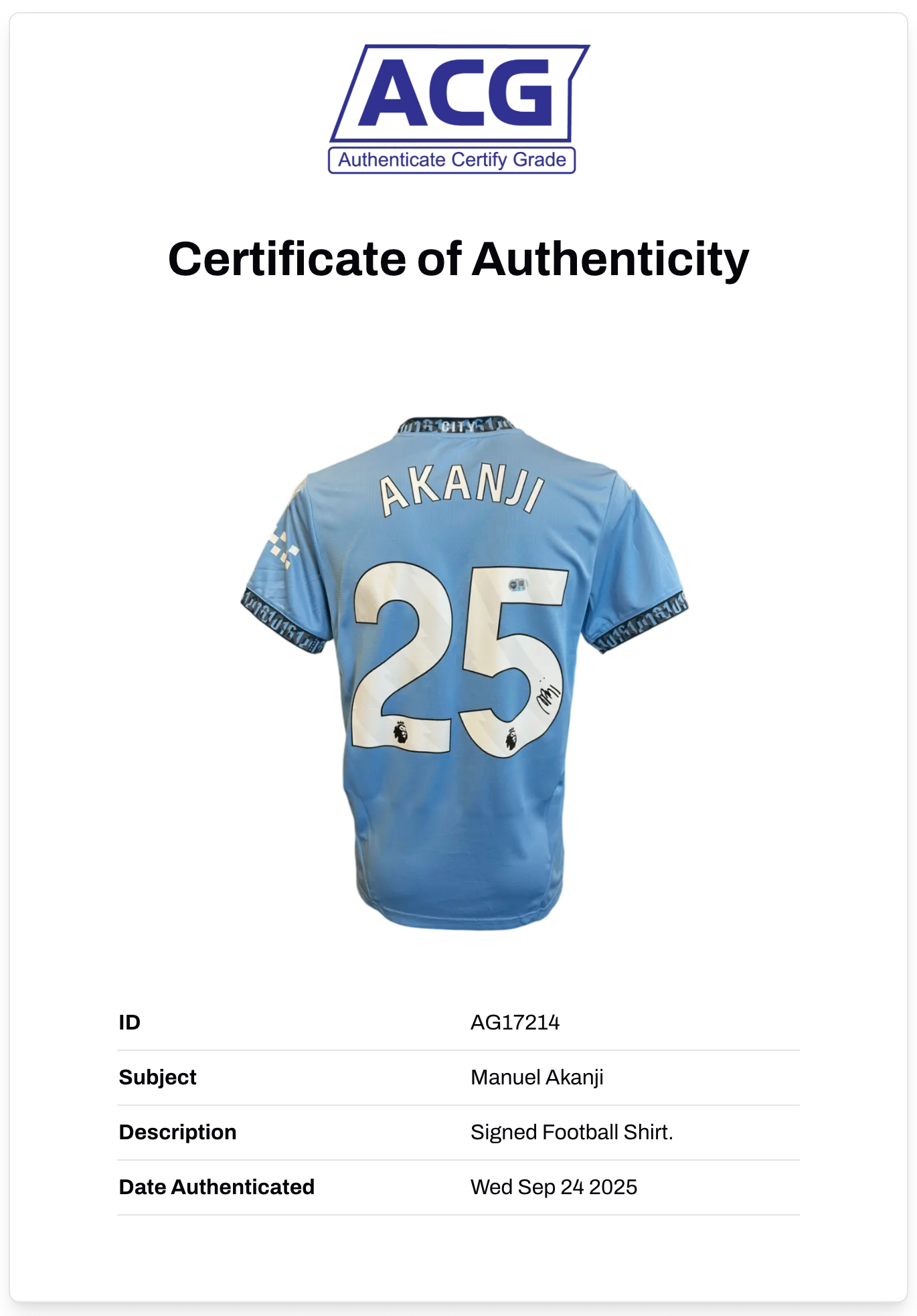 MANUEL AKANJI SIGNED 2024/25 MANCHESTER CITY HOME SHIRT (ACG CERT AG17214)