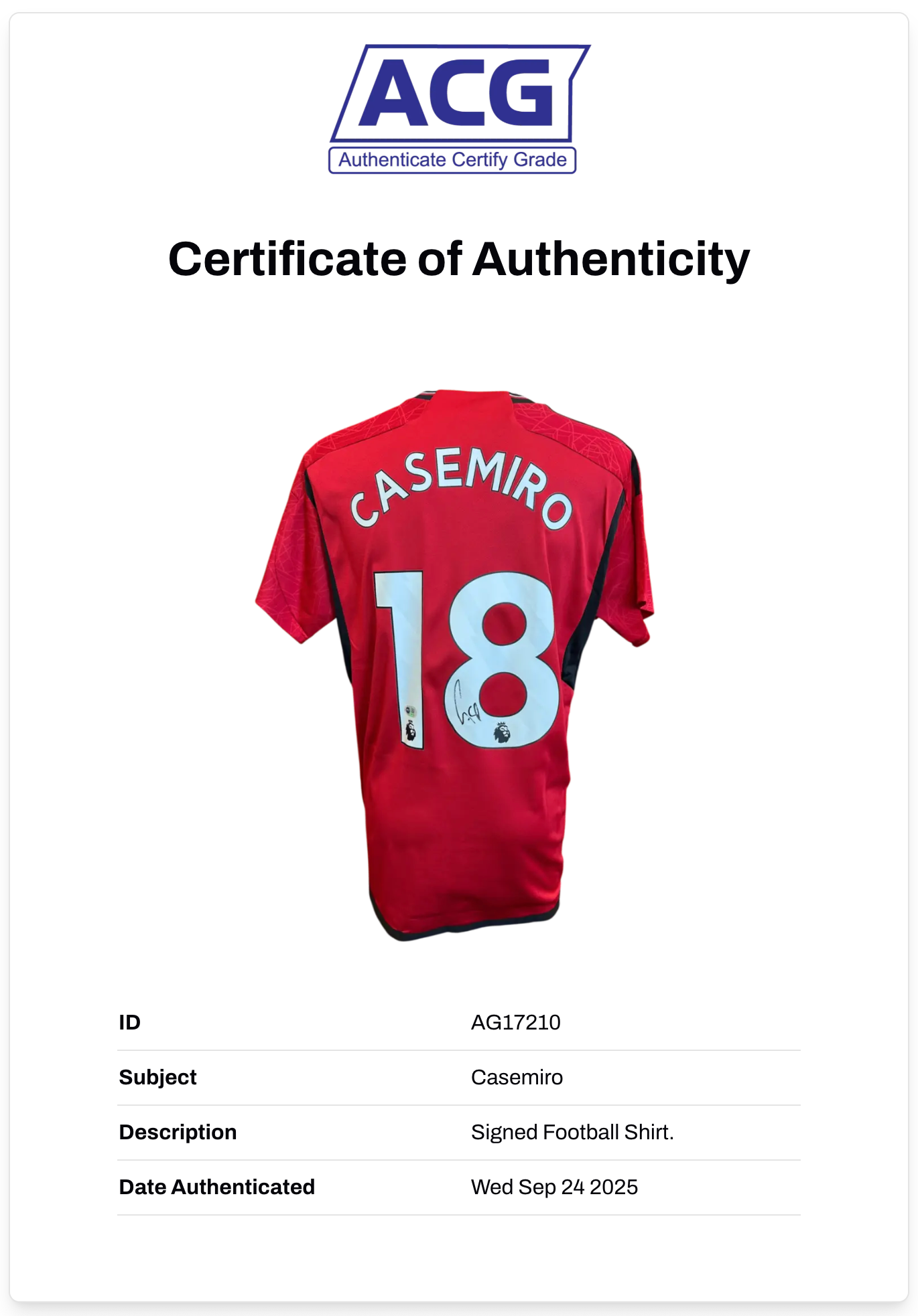 CASEMIRO SIGNED 2023/24 MANCHESTER UTD HOME SHIRT (ACG CERT AG17210)