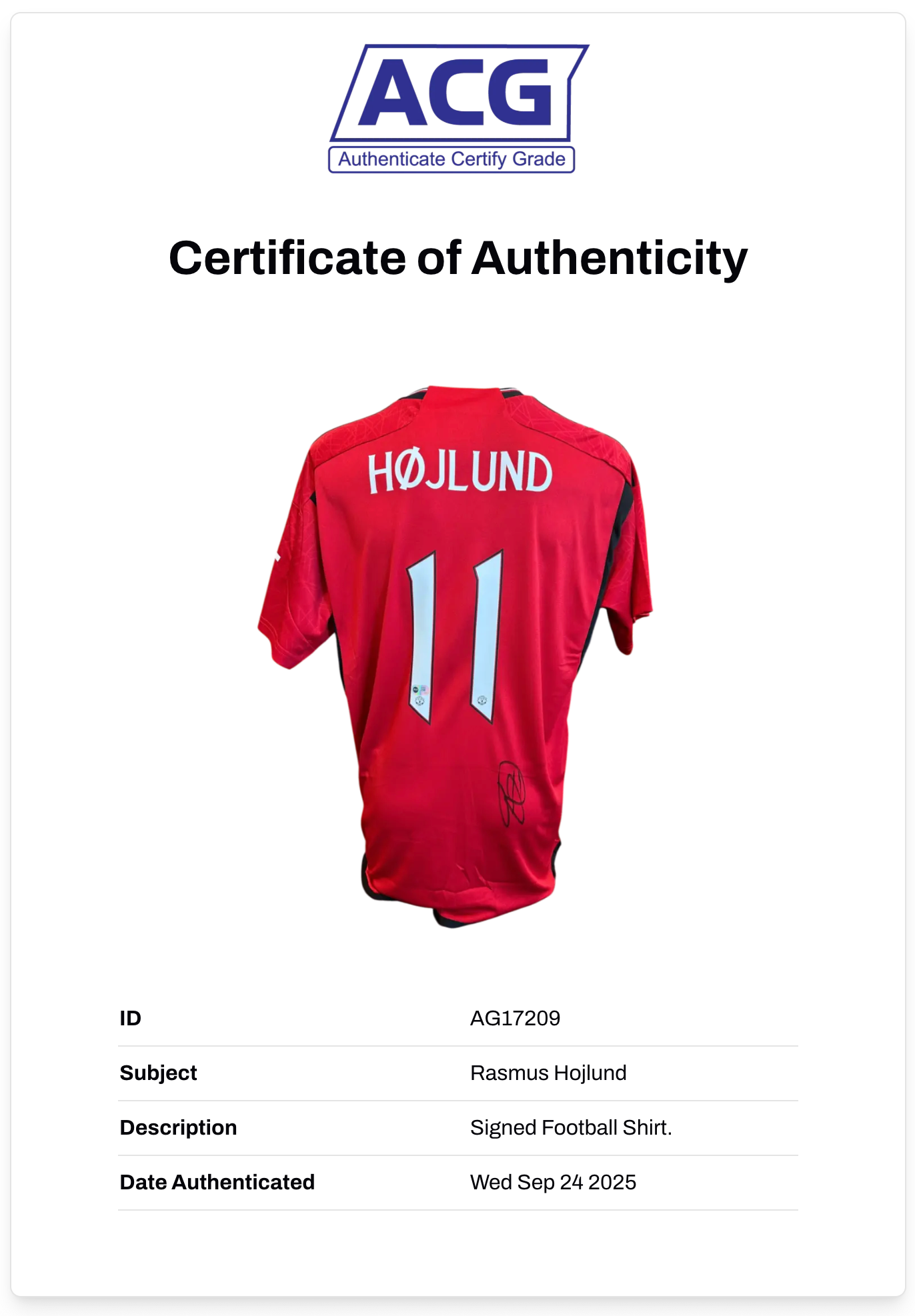 RASMUS HOJLUND SIGNED 2023/24 MANCHESTER UTD HOME SHIRT (ACG CERT AG17209)