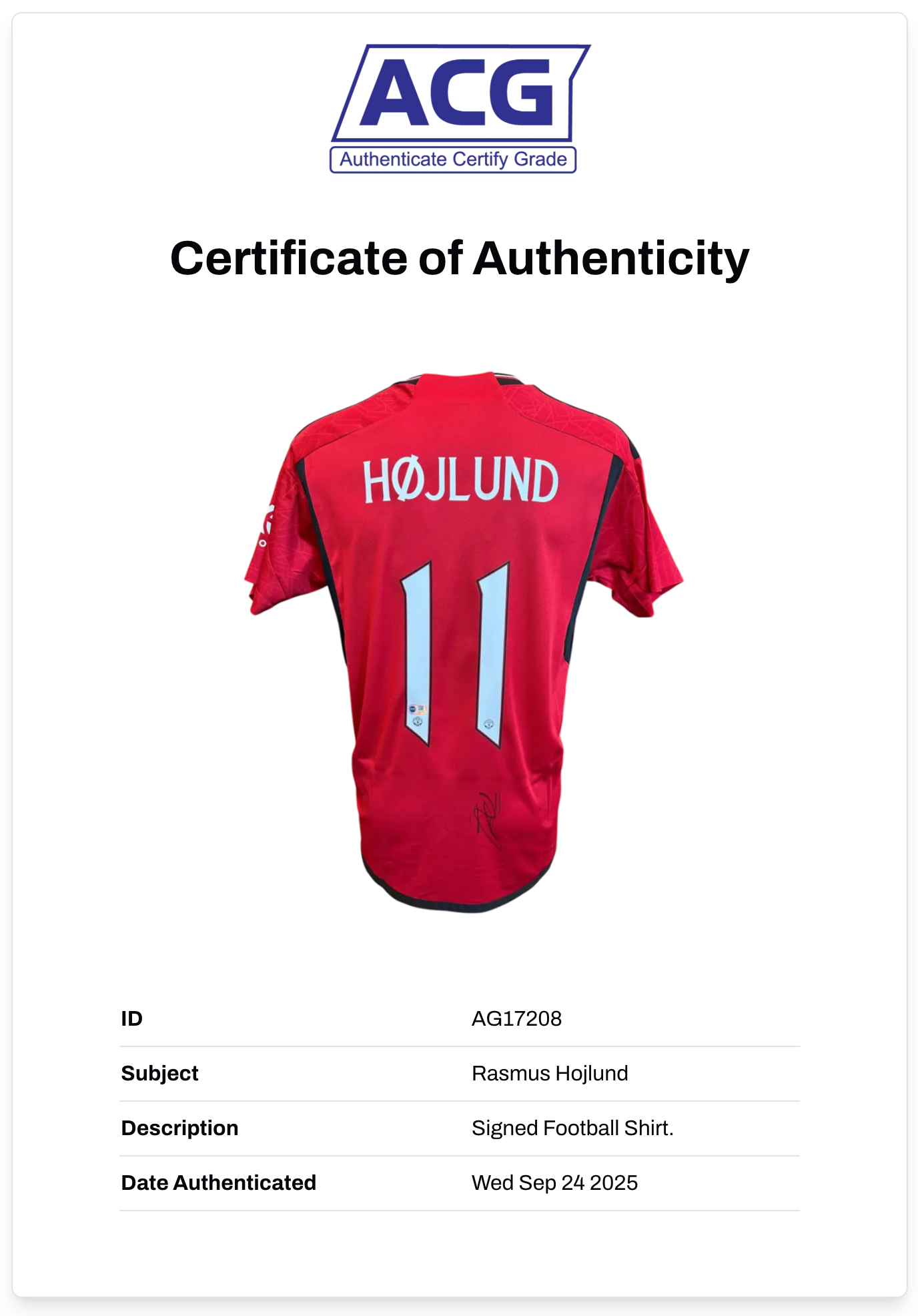 RASMUS HOJLUND SIGNED 2023/24 MANCHESTER UTD HOME SHIRT (ACG CERT AG17208)