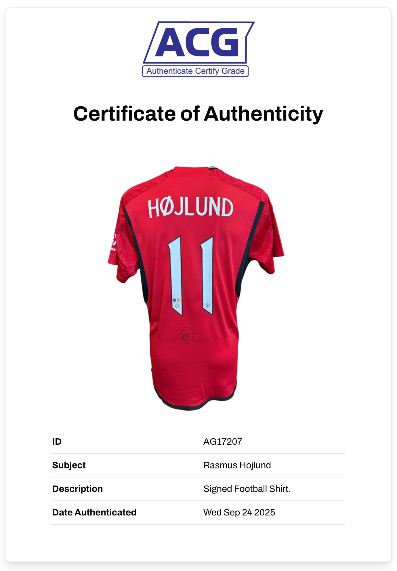 RASMUS HOJLUND SIGNED 2023/24 MANCHESTER UTD HOME SHIRT (ACG CERT AG17207)