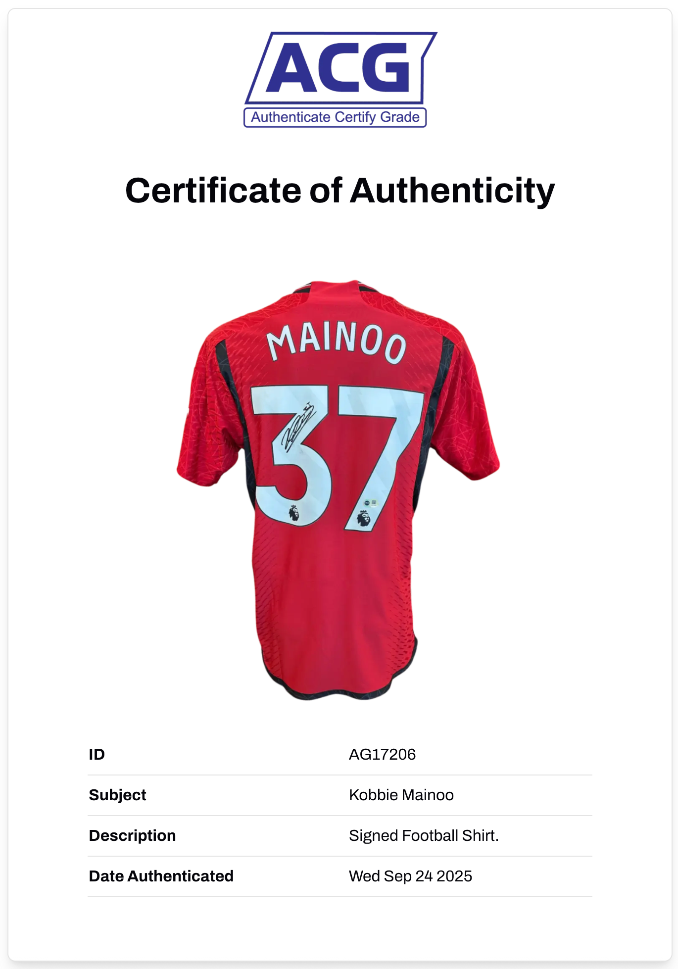 KOBBIE MAINOO SIGNED 2023/24 MANCHESTER UTD PLAYER VERSION SHIRT (ACG CERT AG17206)-2