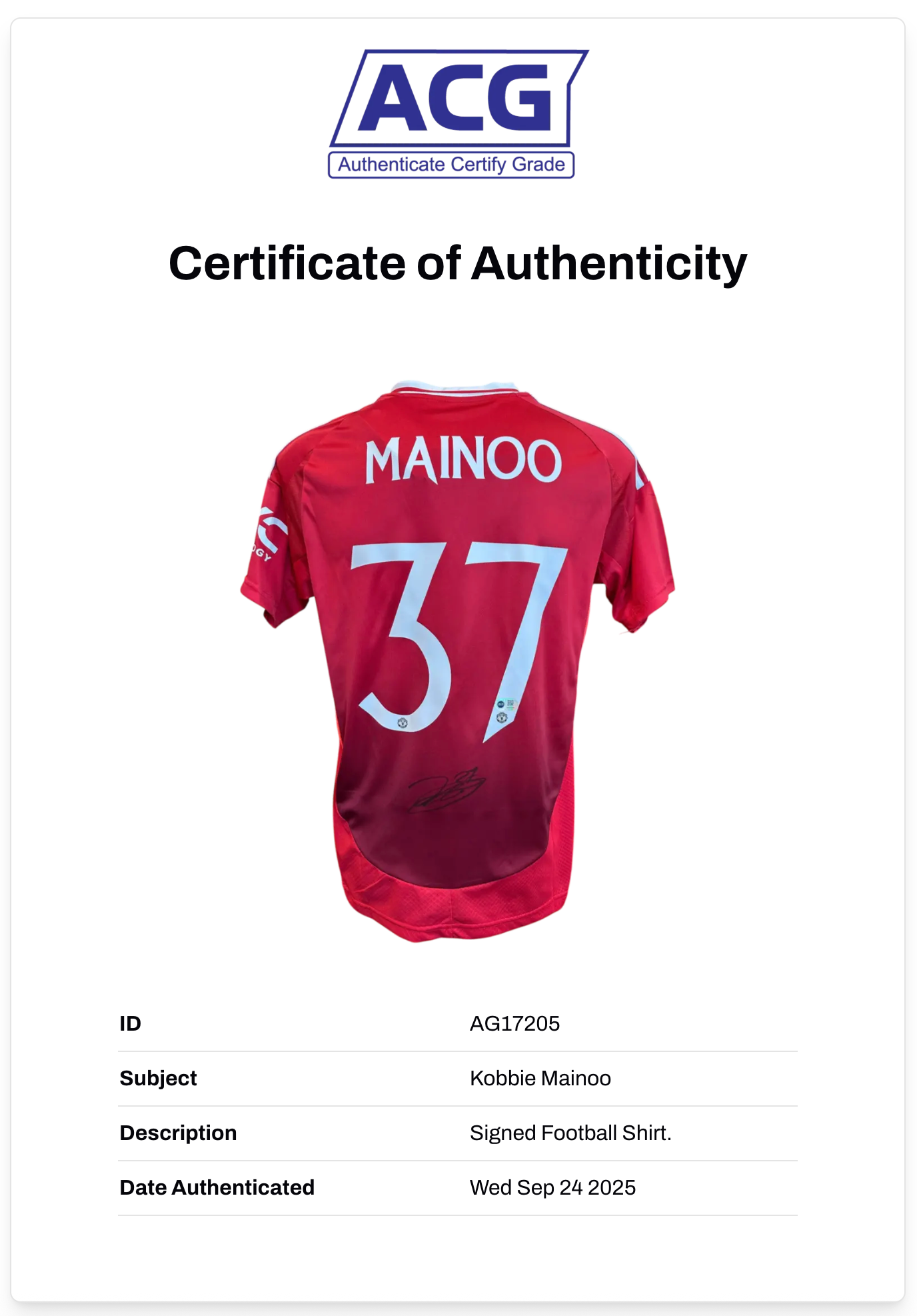 KOBBIE MAINOO SIGNED 2024/25 MANCHESTER UTD HOME SHIRT (ACG CERT AG17205)