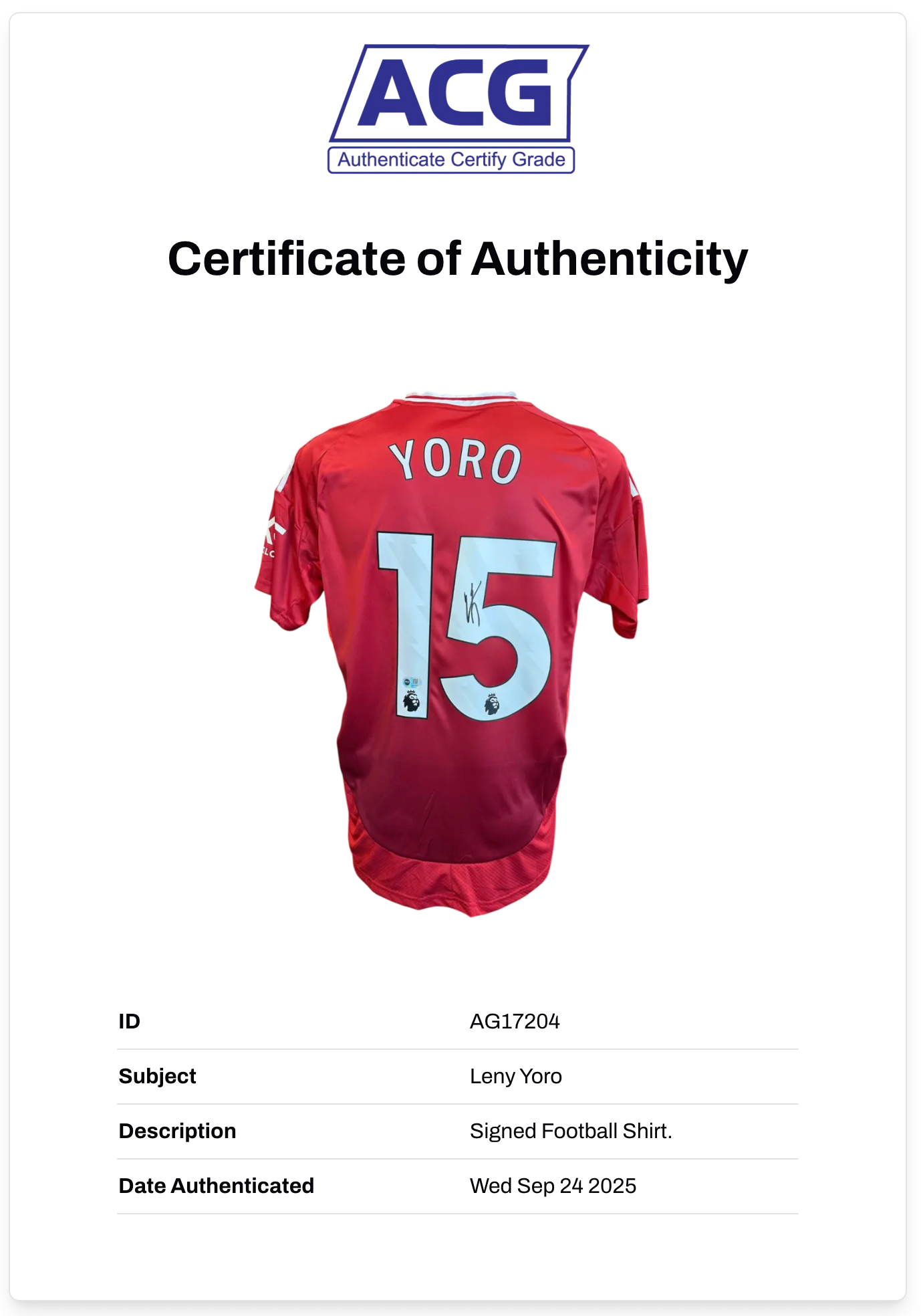 LENY YORO SIGNED 2024/25 MANCHESTER UNITED HOME SHIRT (ACG CERT AG17204)