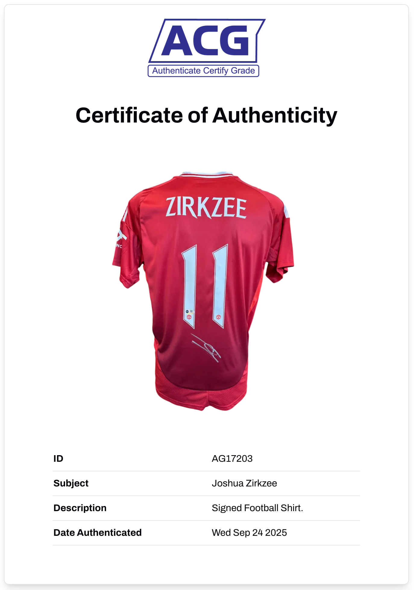 JOSHUA ZIRKZEE SIGNED 2024/25 MANCHESTER UNITED HOME SHIRT (ACG CERT AG17203)