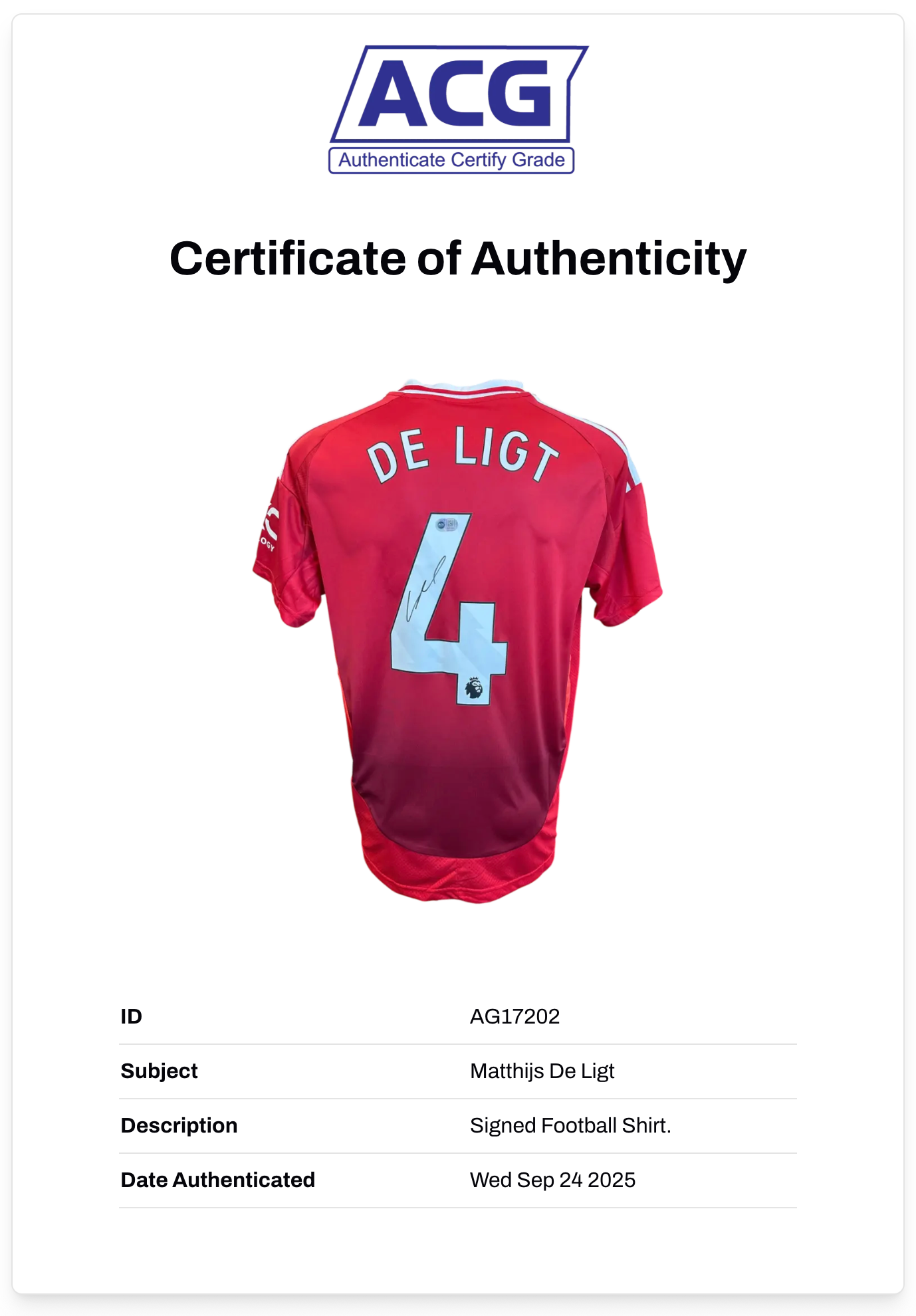 MATTHIJS DE LIGT SIGNED 2024/25 MANCHESTER UTD HOME SHIRT (ACG CERT AG17202)