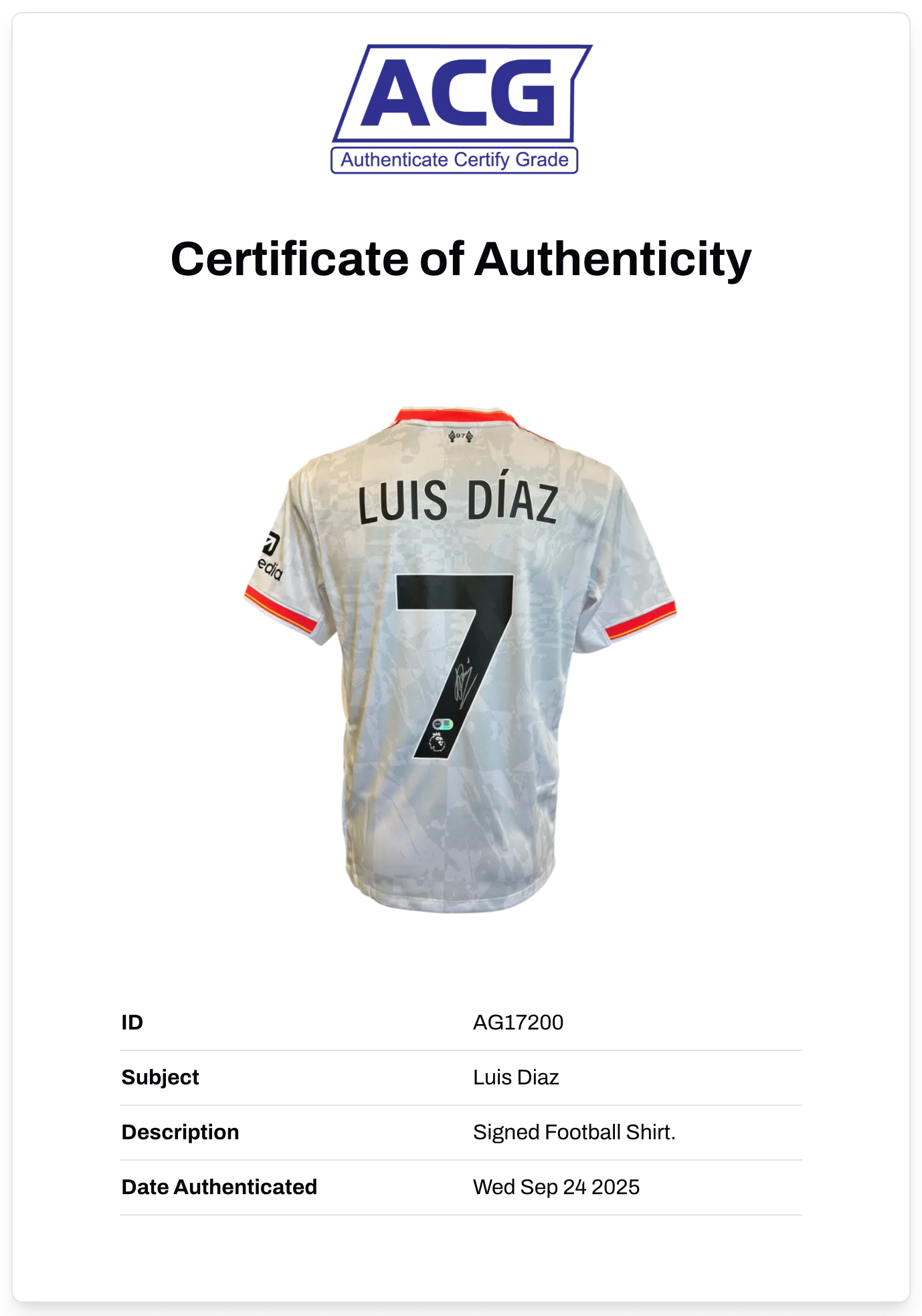 LUIS DIAZ SIGNED 2024/25 LIVERPOOL FC THIRD SHIRT (ACG CERT AG17200)