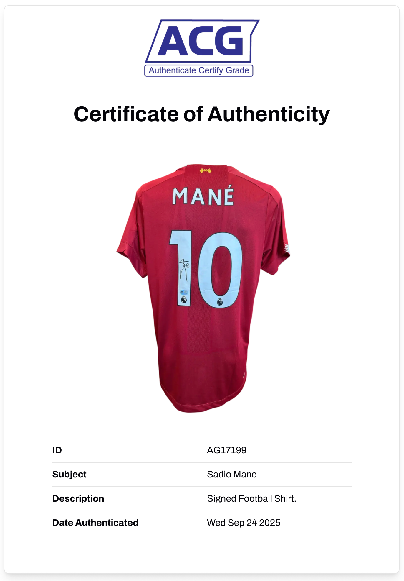 SADIO MANE SIGNED LIVERPOOL FC 2019/20 HOME SHIRT (ACG CERT AG17199)