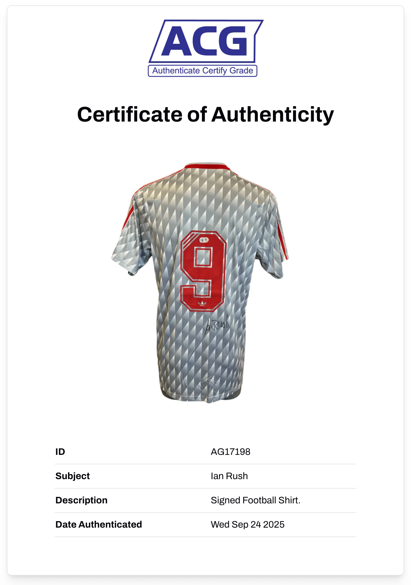 IAN RUSH SIGNED LIVERPOOL FC 1990 AWAY SHIRT (ACG CERT AG17198)