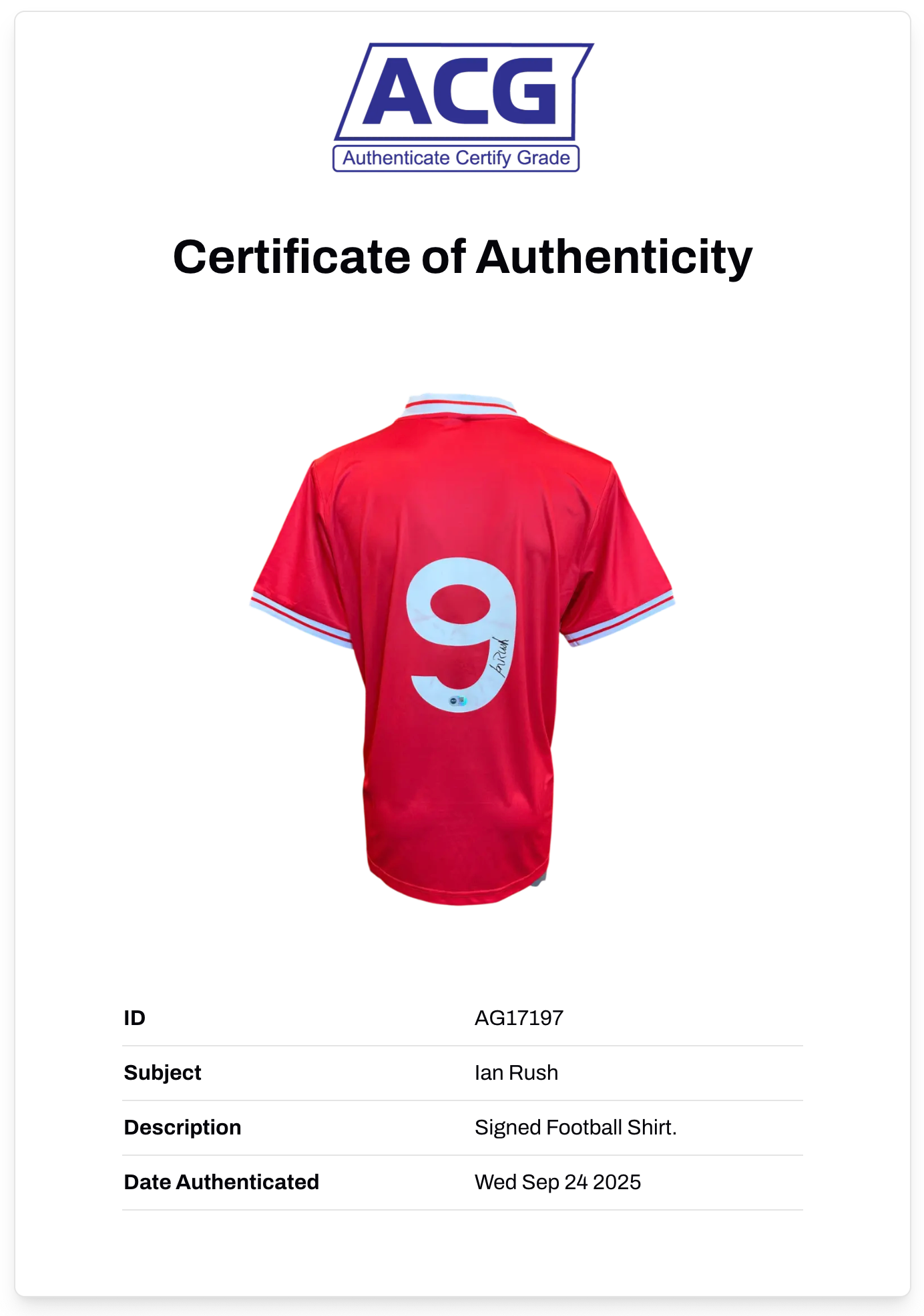 IAN RUSH SIGNED LIVERPOOL FC 1984 HOME SHIRT (ACG CERT AG17197)