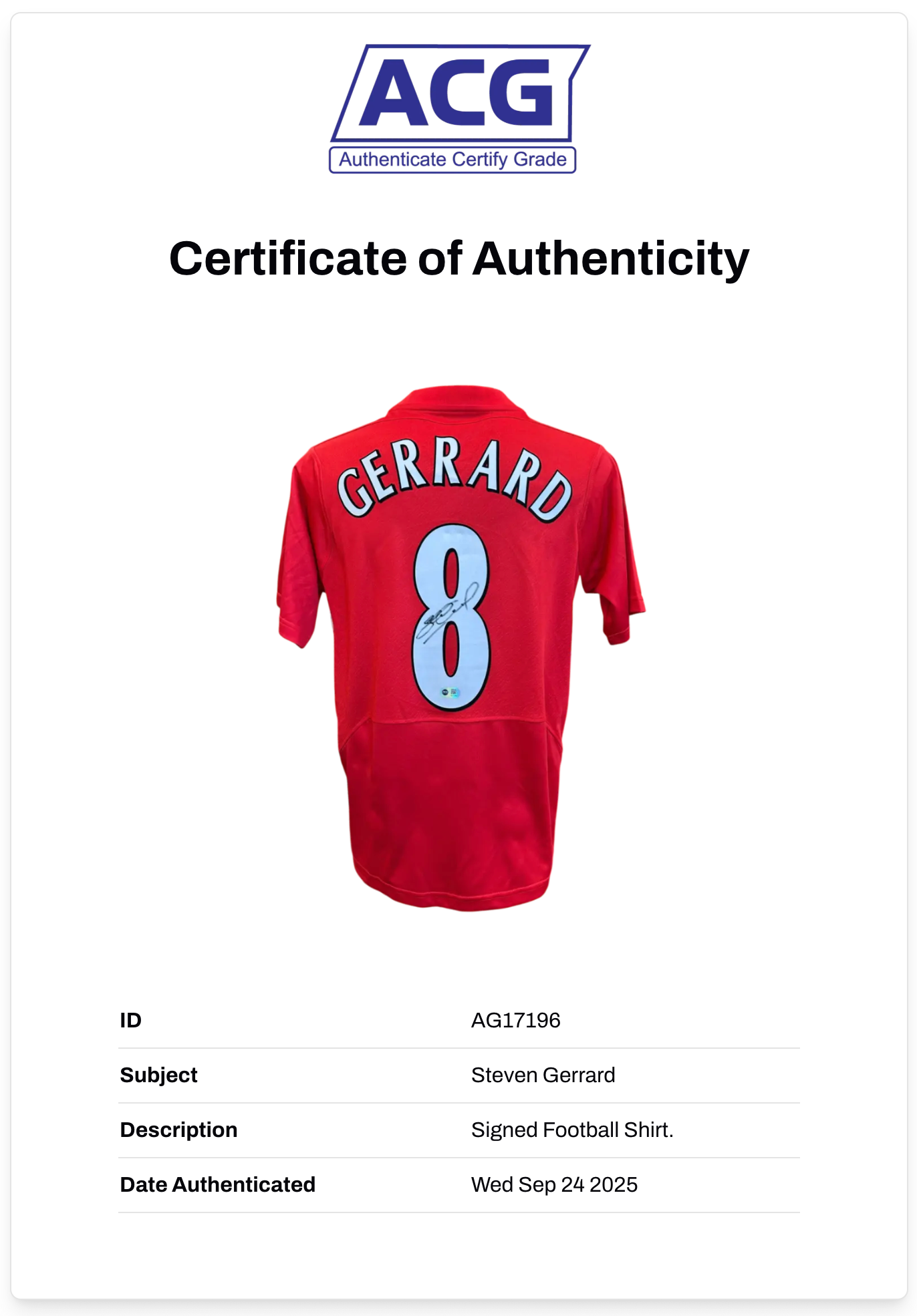 STEVEN GERRARD SIGNED LIVERPOOL FC ISTANBUL 2005 SHIRT (ACG CERT AG17196)