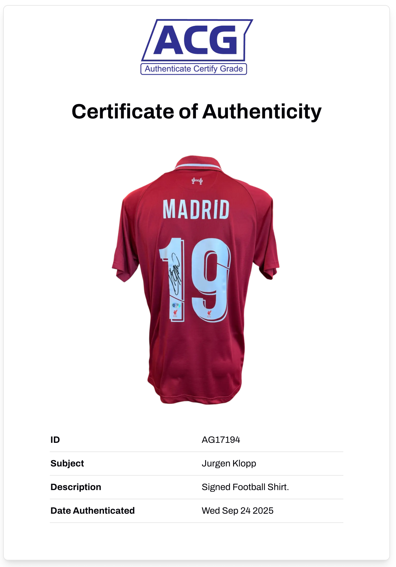 JURGEN KLOPP SIGNED 2018/19 LFC MADRID 19 UCL FINAL SHIRT (ACG CERT AG17194)